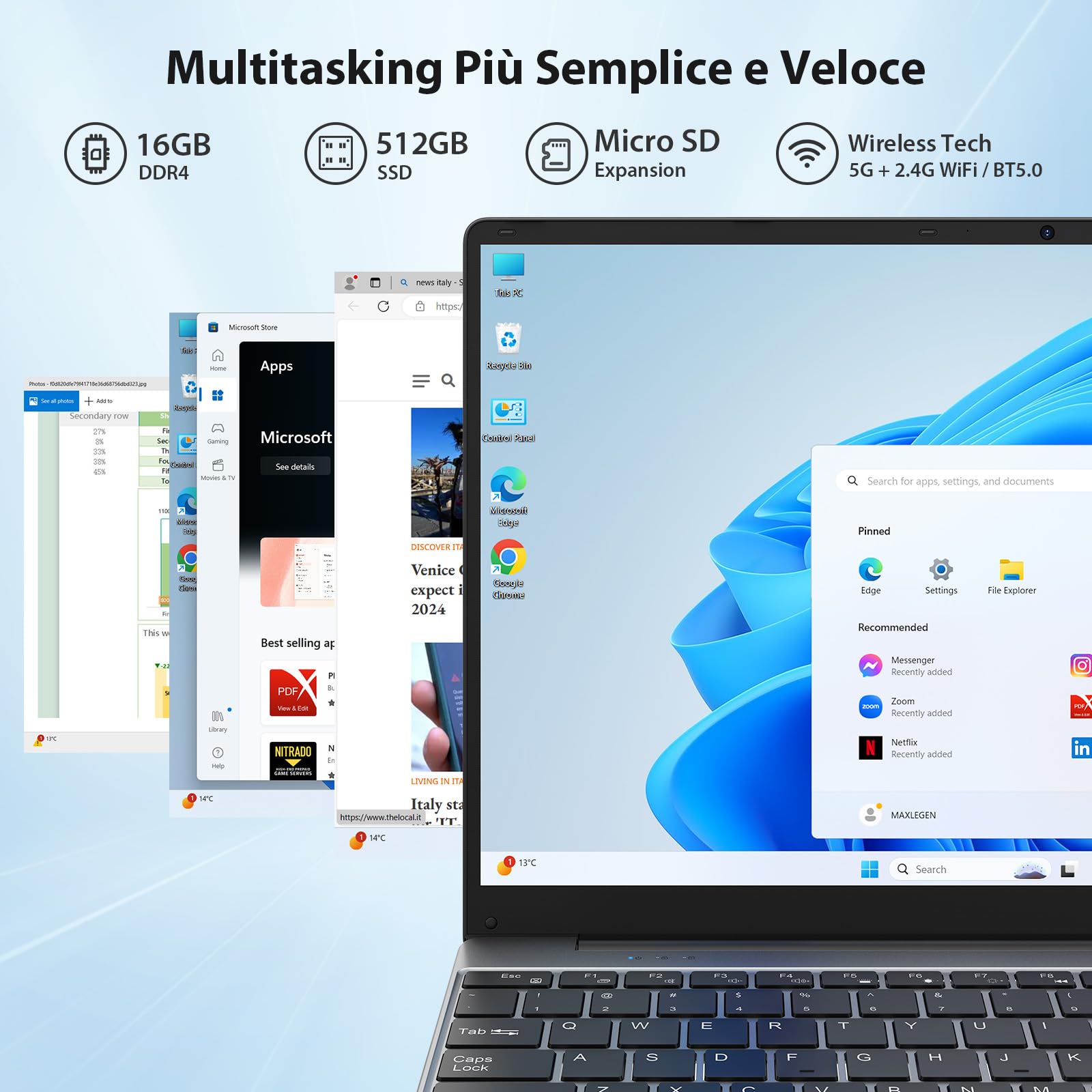 PC Portatile Notebook, Display FHD da 15,6", 16GB DDR4 RAM 512GB SSD, CPU In-tel N95(fino a 3,4 GHz), Computer Portatile con 1920*1080 IPS, Laptop 5G WiFi, BT5.0, USB 3.0, Mini HDMI, incluso Mouse