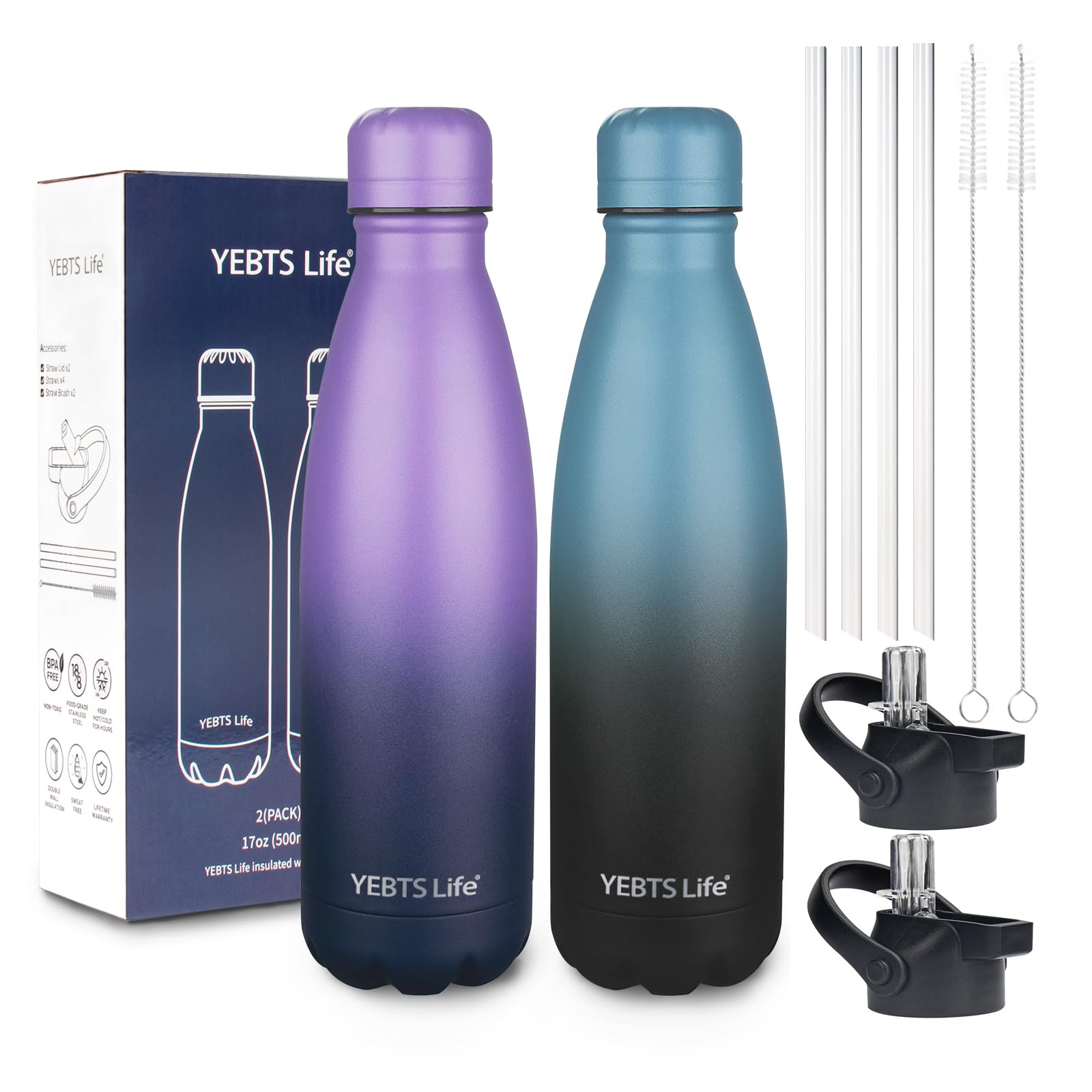 Insulated Water Bottle, 2 Pack-17oz Stainless Steel Water Bottles with straw lid, Metal Sports Water Bottles for Boys,Girls, Double Wall Vacuum