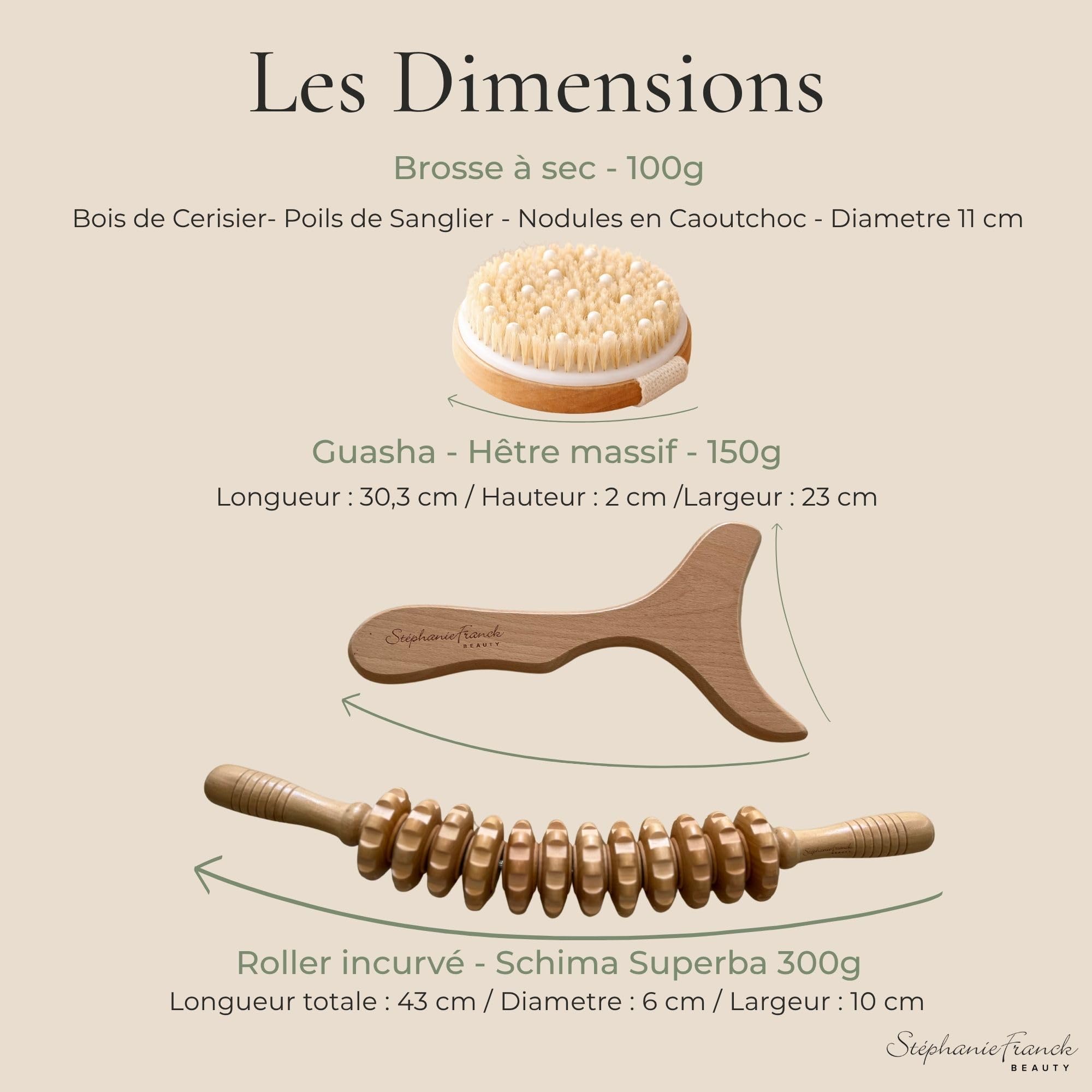 Set Massage Corps en Bois, Rouleau Maderothérapie, Gua Sha Corps et Brosse Massage à Sec, 3 Accessoires Bien-Être pour Jambes, Cuisses, Ventre, Bras, Cadeau Femme