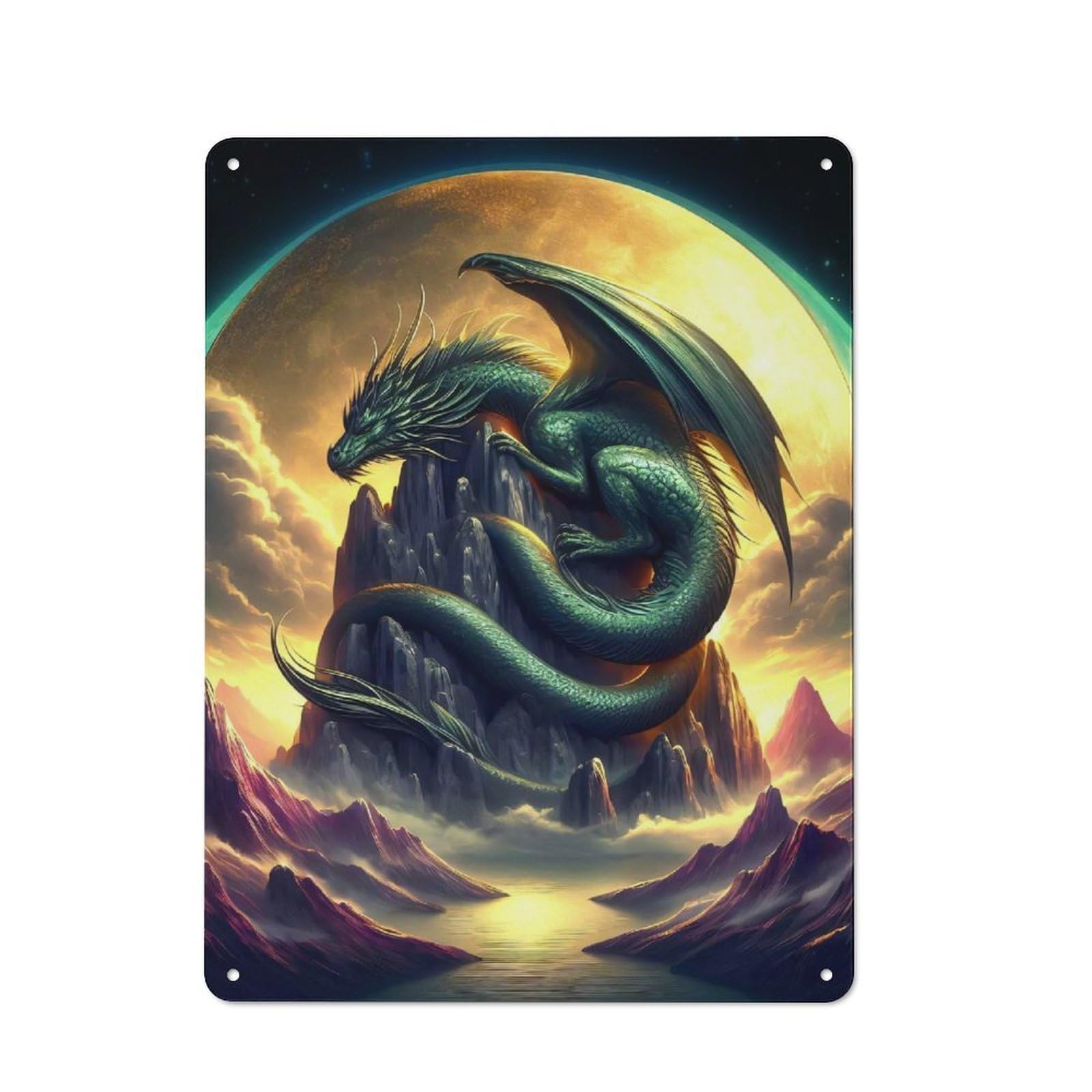 Junmoney Mystical Emerald Dragon Tin Sign 40X30cm With For Living Room Wall, Rustic Decor, For Living Room Decor Lovers