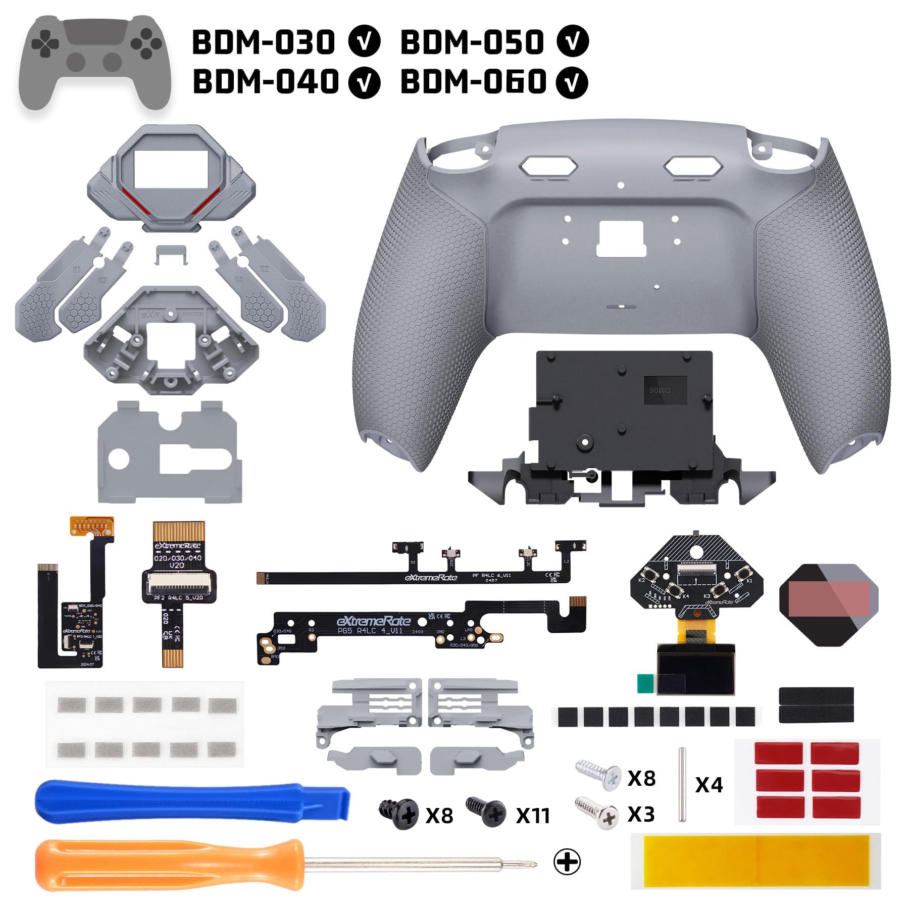 eXtremeRate SPARK Remap Kit per ps5 Controller BDM-030 040 050 060, Display OLED + Clicky Trigger Stop + Grip Ergonomici, 4 Palette Posteriori Rimappabili Accessori per ps5 Joystick, Grigio Scuro