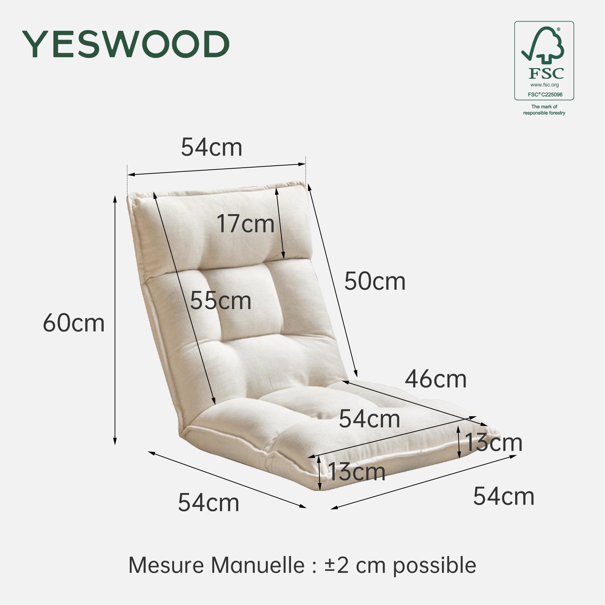YESWOOD Fauteuil de Sol Réglable 42 Positions, Dossier 90°-180° avec Appui-Tête, Chaise de Sol Paresseux Pliable, Fauteuil Relax Confortable pour Salon, Chambre, Blanc