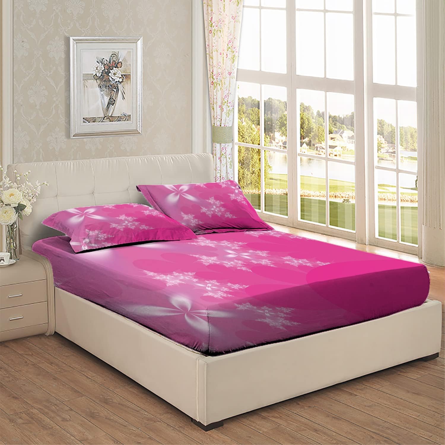 Pink Theme Queen Fitted Sheet & Pillow Sham Set,Floral