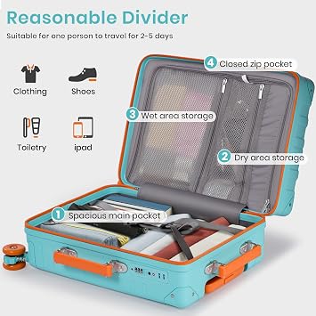 Cabin Suitcase 55x40x20cm Super Lightweight PC Hard Shell Carry on Suitcase with TSA Lock & 4 Spinner Wheels 20inch, Lake Blue