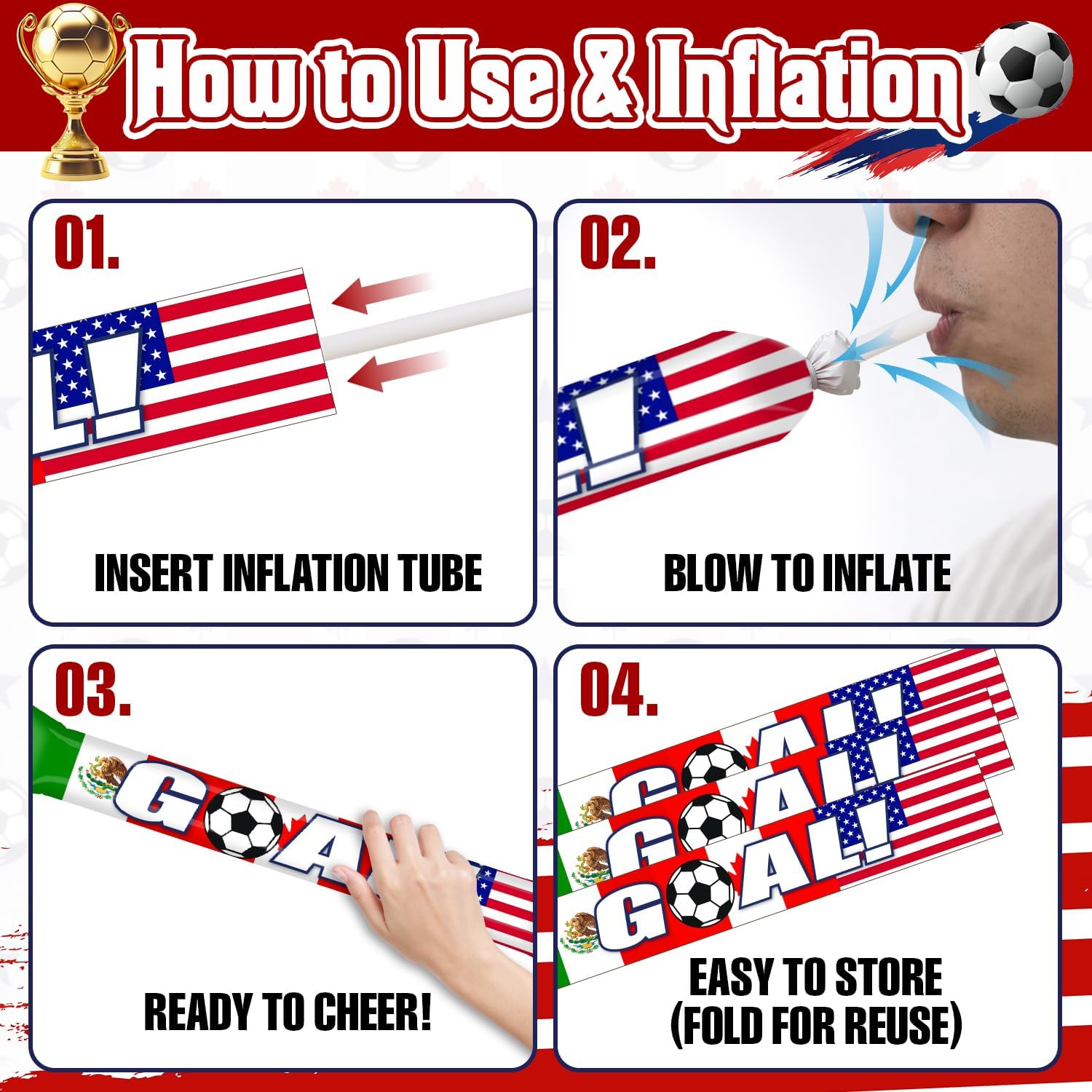 50 Pcs Soccer Noise Makers Thunder Sticks, Double-Sided Inflatable Cheering Sticks with Goal Theme, Stadium Bam Bam Noisemakers for Sports Events, Fan Gatherings & Team Spirit