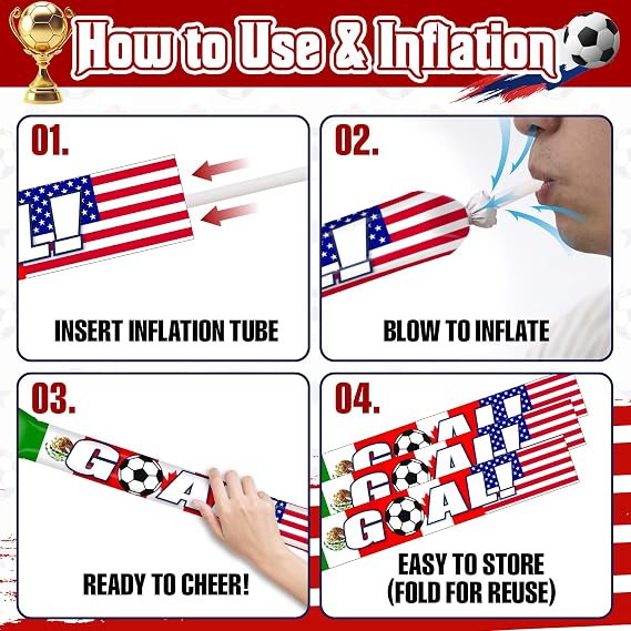 Foilswirl 50 Pcs Soccer Noise Makers Thunder Sticks, Double-Sided Inflatable Cheering Sticks with Goal Theme, Stadium Bam Bam Noisemakers for Sports Events, Fan Gatherings & Team Spirit