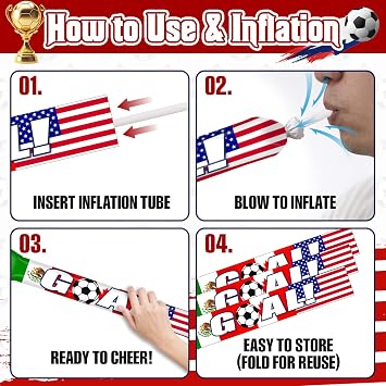 Foilswirl 50 Pcs Soccer Noise Makers Thunder Sticks, Double-Sided Inflatable Cheering Sticks with Goal Theme, Stadium Bam Bam Noisemakers for Sports Events, Fan Gatherings & Team Spirit