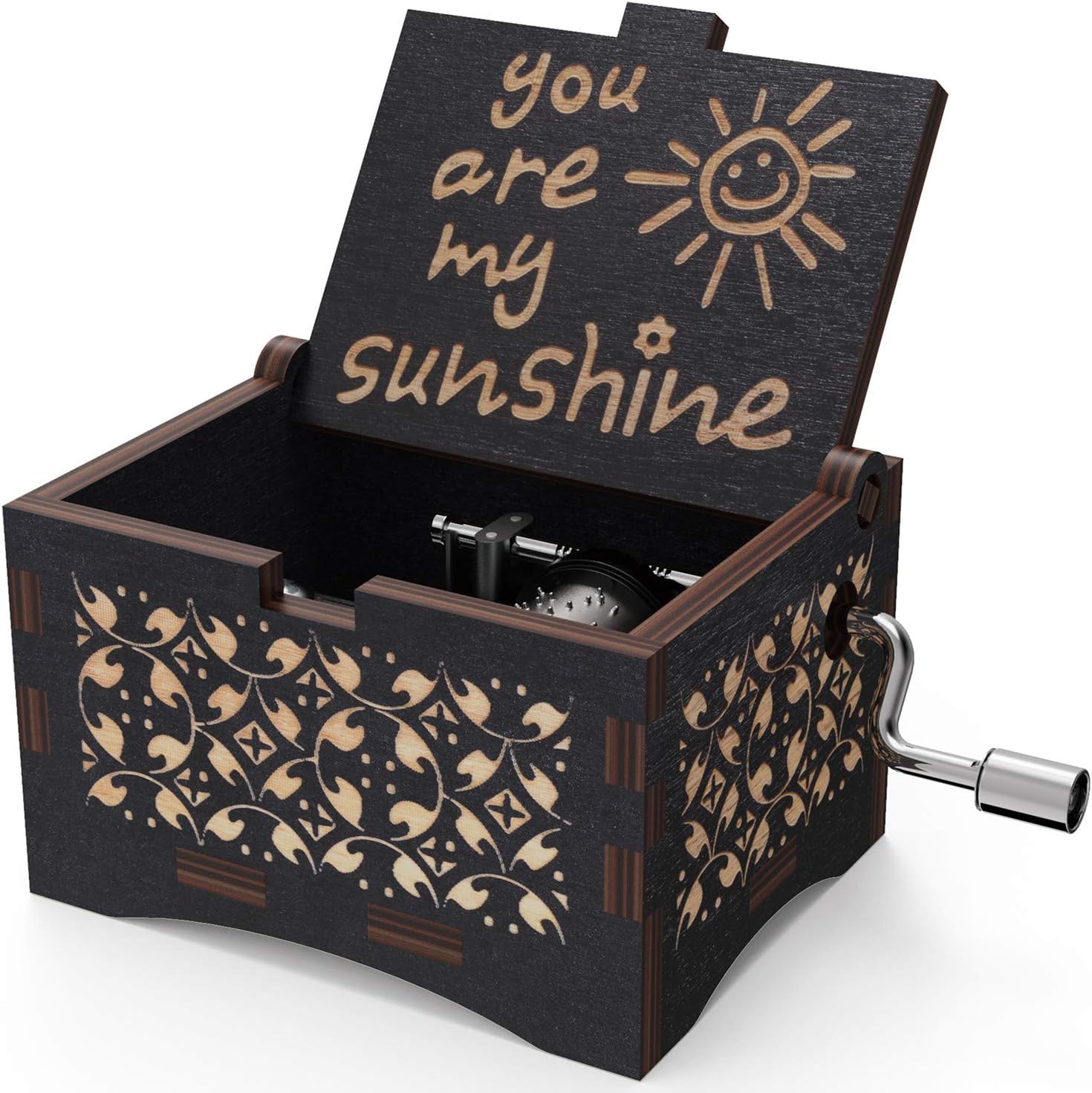 HLZK You are My Sunshine Wood Music Boxes,Laser Engraved Vintage Wooden Sunshine Musical Box Gifts for Birthday/Christmas/Valentine's Day (Black)