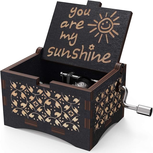 HLZK You are My Sunshine Wood Music Boxes,Laser Engraved Vintage Wooden Sunshine Musical Box Gifts for Birthday/Christmas/Valentine's Day (Black)