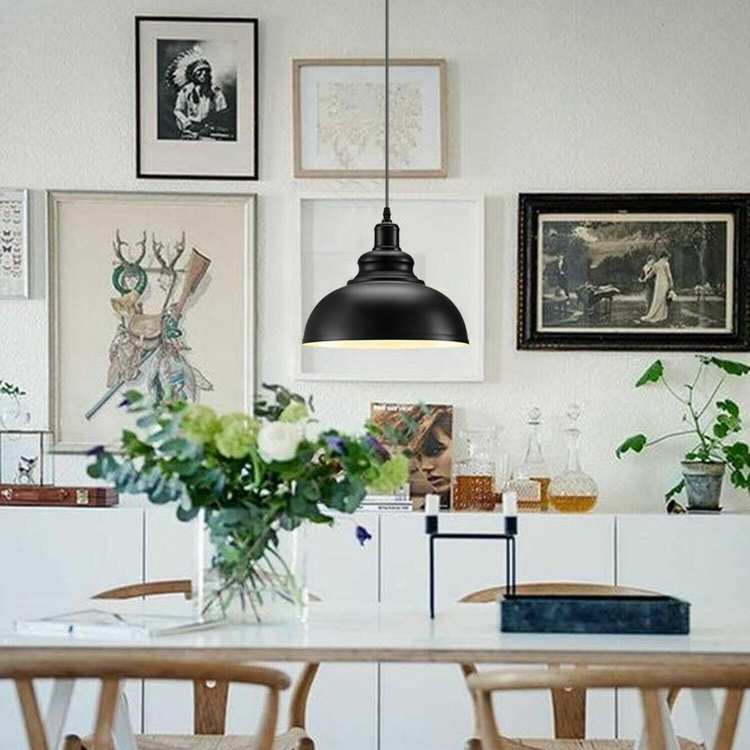 Vintage Metal Curvy Black Inner White Hanging Ceiling Pendant Lamp Shades DIY Farmhouse Light Fixture Lampshade Replacement E26 for Pub Cafe Restaurants Bar Bedroom Kitchen (Black Inner White)