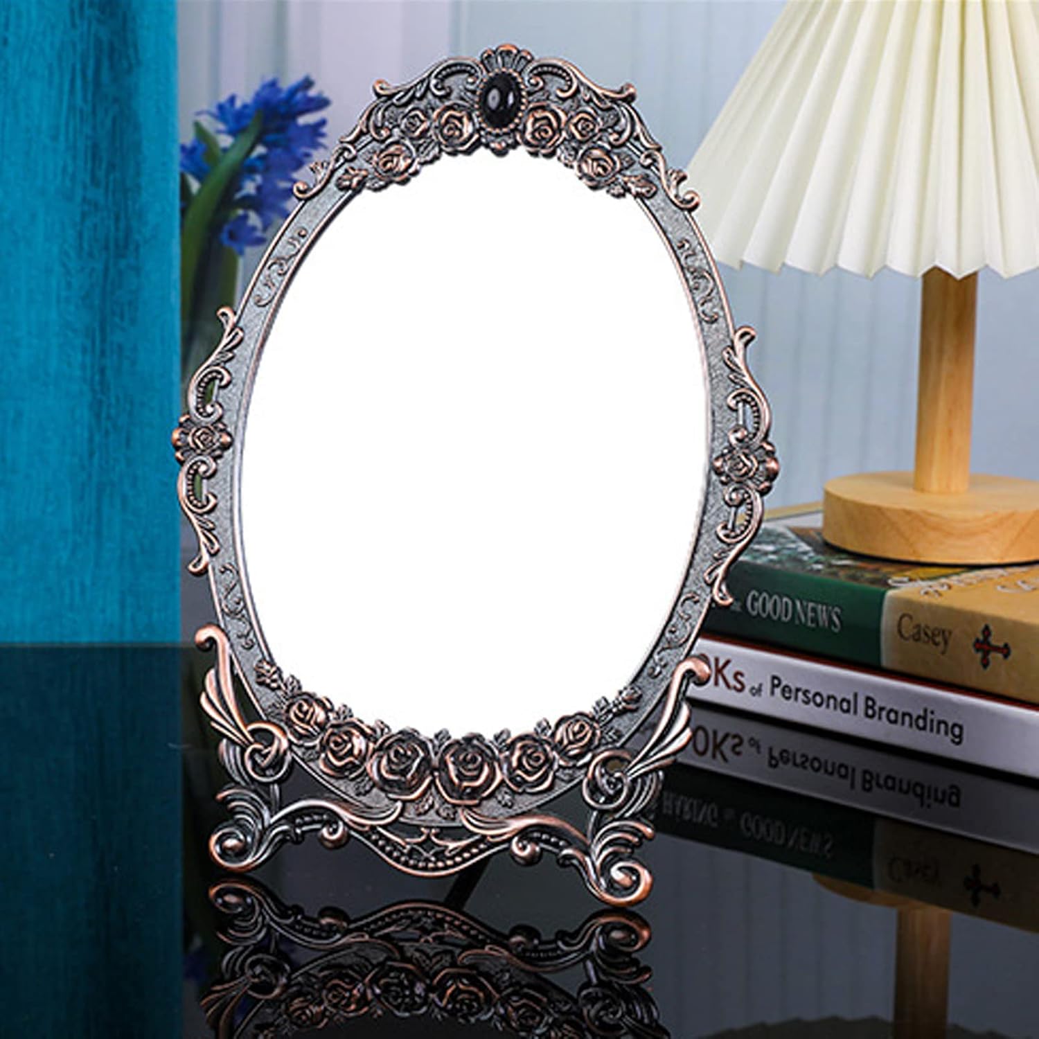 HEEPDD Vintage Rose Embossed Oval Cosmetic Mirror with Stand, Copper, 11x7.9 Inch, for Home Bedroom Bathroom