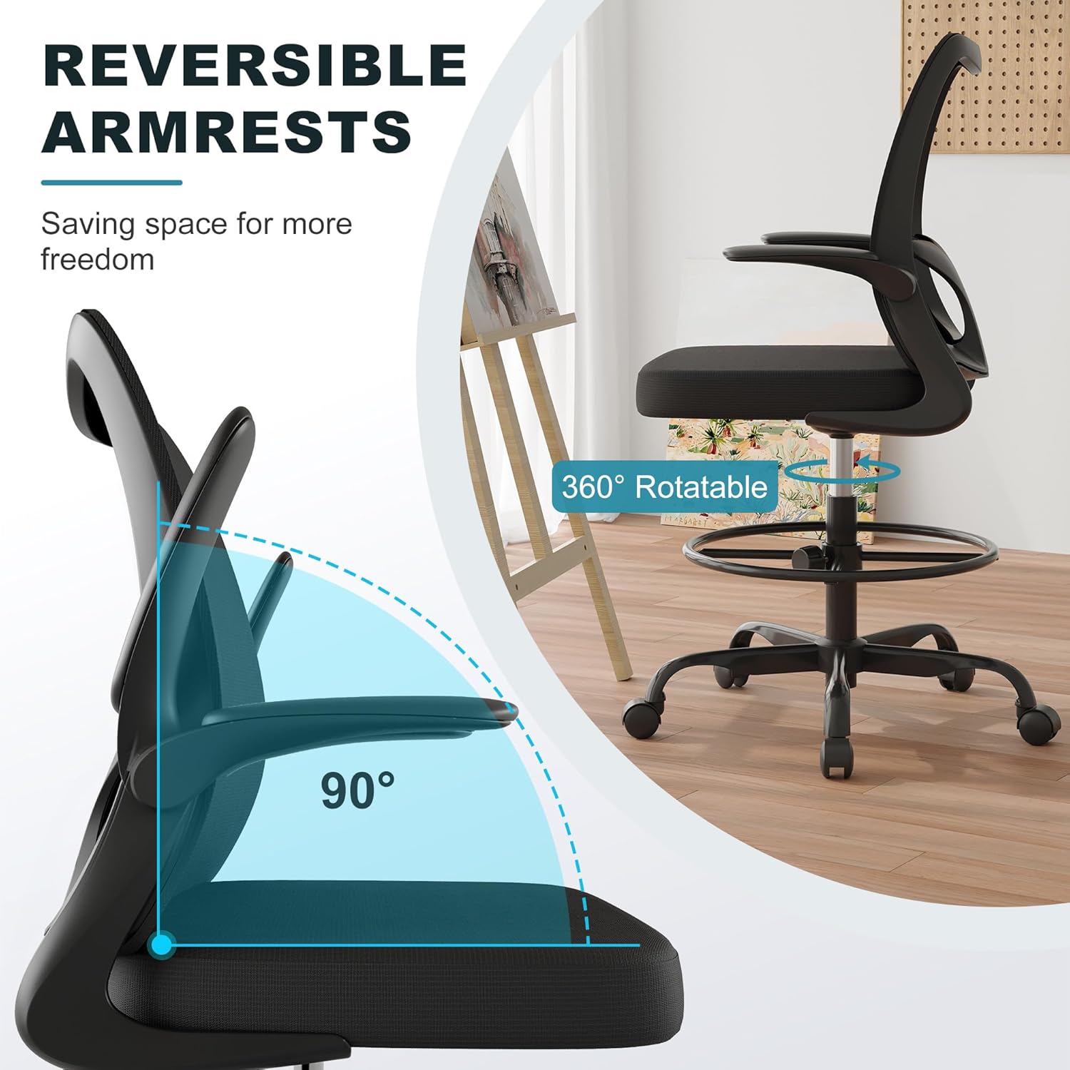 BFZ Drafting Chair, Height Adjustable Standing Tall Office Desk Chair with Footrest Ring and Flip-Up Armrests, Ergonomic Mesh Office Chair for Home Work, Black