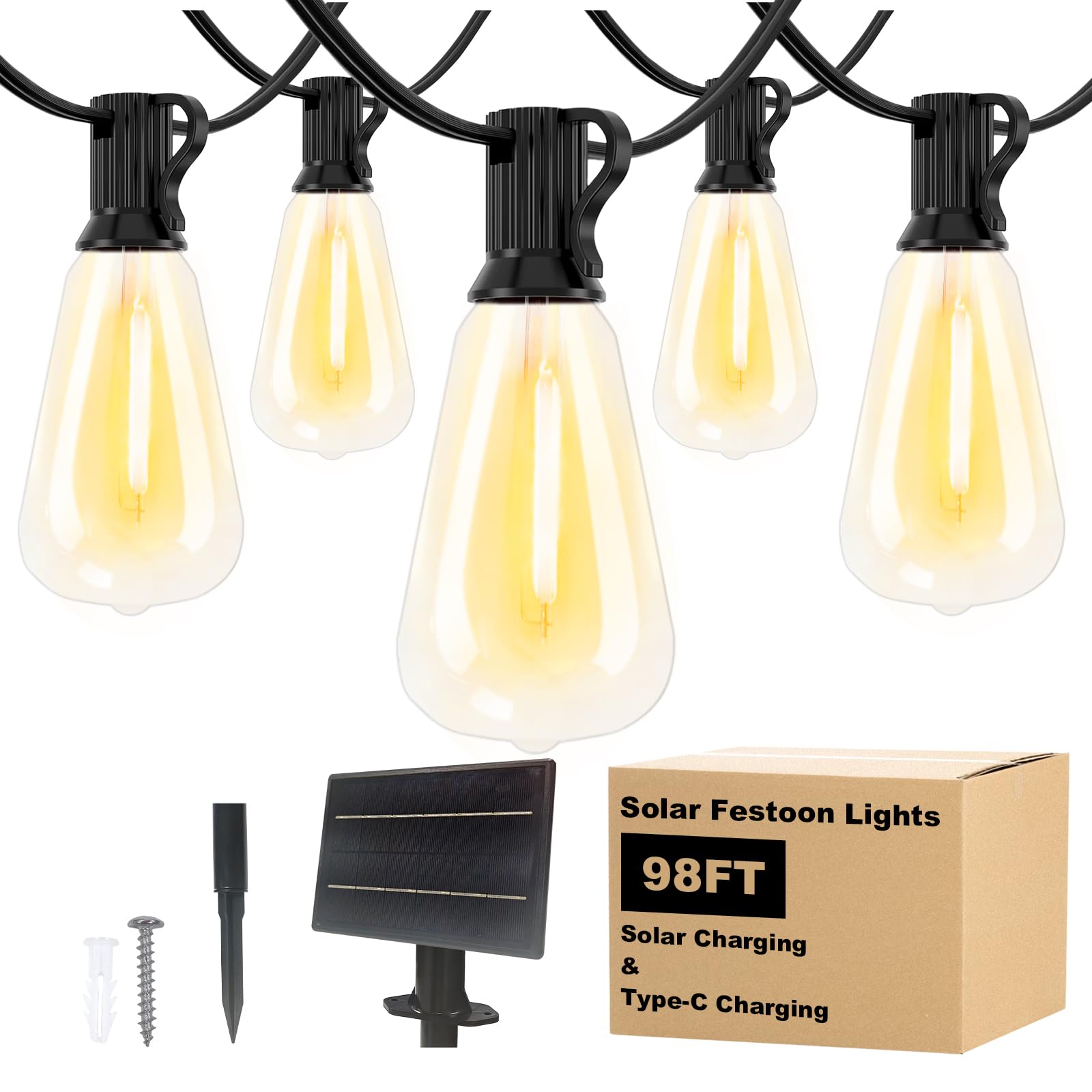 Spacelumen 30M Outdoor Festoon Lights Solar Powered, Outside Patio String with 3 Modes & 37+1 ST38 Edison Bulbs Shatterproof