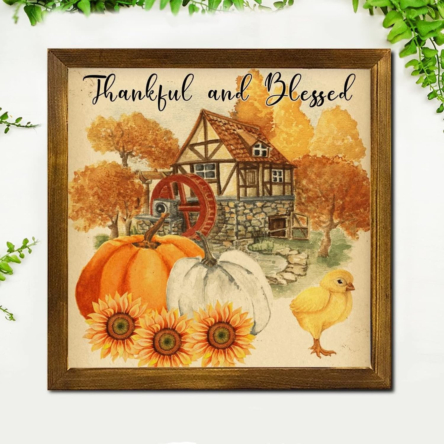Thankful and Blessed Wood Framed Signs Farm Pumpkin Rooster Sunflower Wood Hanging Sign Rustic Farm Harvest Wall Art Hanging Farmhouse Decoration Plaque for Living Room Front Door 12x12 inch