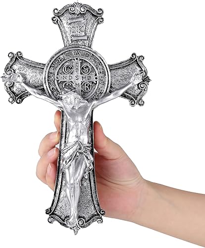 Taprion Crucifijo - Cruz de pared de resina de San Benito - Cruz plateada de 10 pulgadas da bendición y lo sagrado espiritual regalo de fe para tus