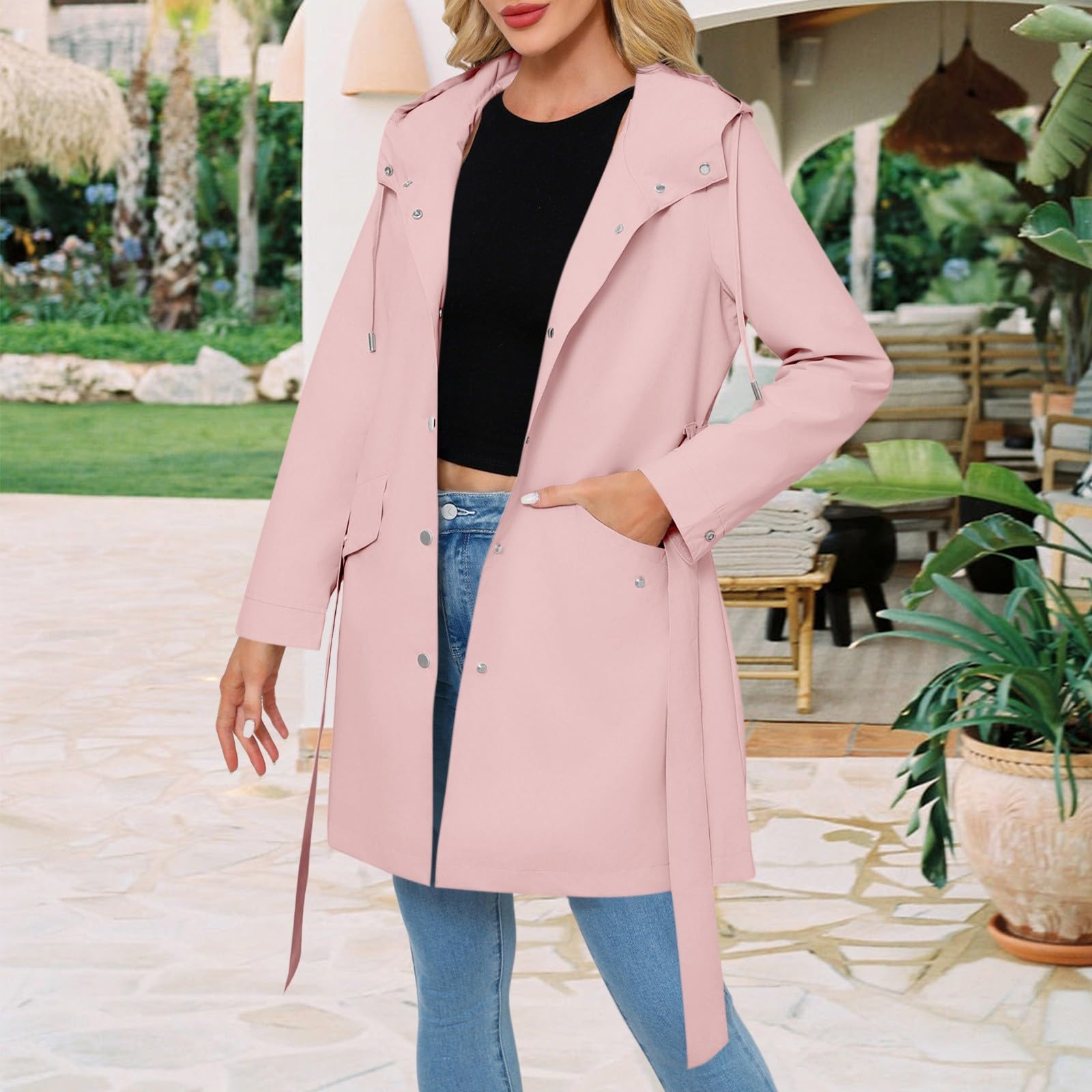 Generisch Chaqueta de verano para mujer, elegante, chubasquero, fina, impermeable, chaqueta para mujer, con cinturón, trinchera, chaqueta de primavera, monocolor, chaqueta de ocio, chaqueta ligera