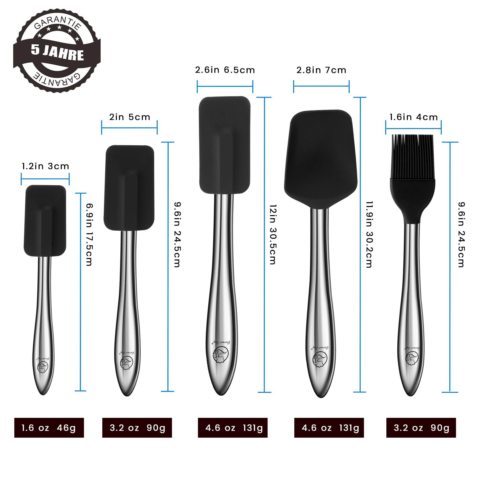 5pcs Silicone Spatula Cooking Utensils Set with Stainless Steel Handles, Premium Heat-Resistant Kitchen Utensils for Baking, Spoonula & Silicone Brush Included, Safe for Nonstick Cookware (Black)