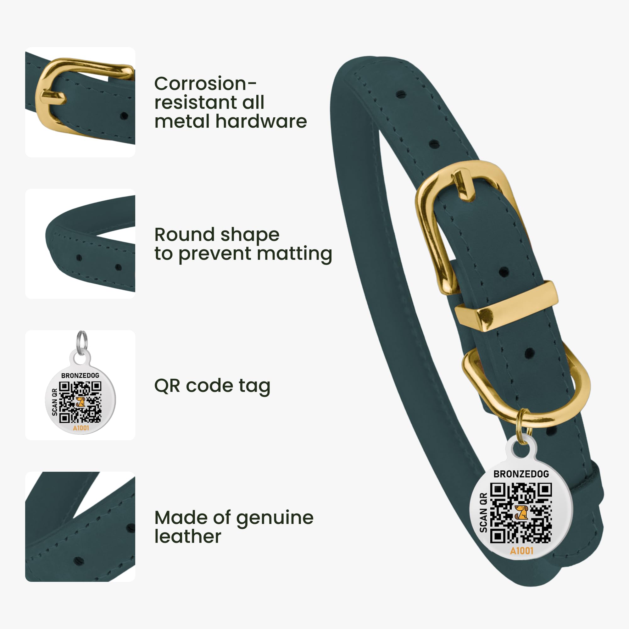 BRONZEDOG Rolled Leather Dog Collar with QR ID Tag Adjustable Soft Round Collars for Small Medium Large Dogs Puppy Cat (Denim - Image 3