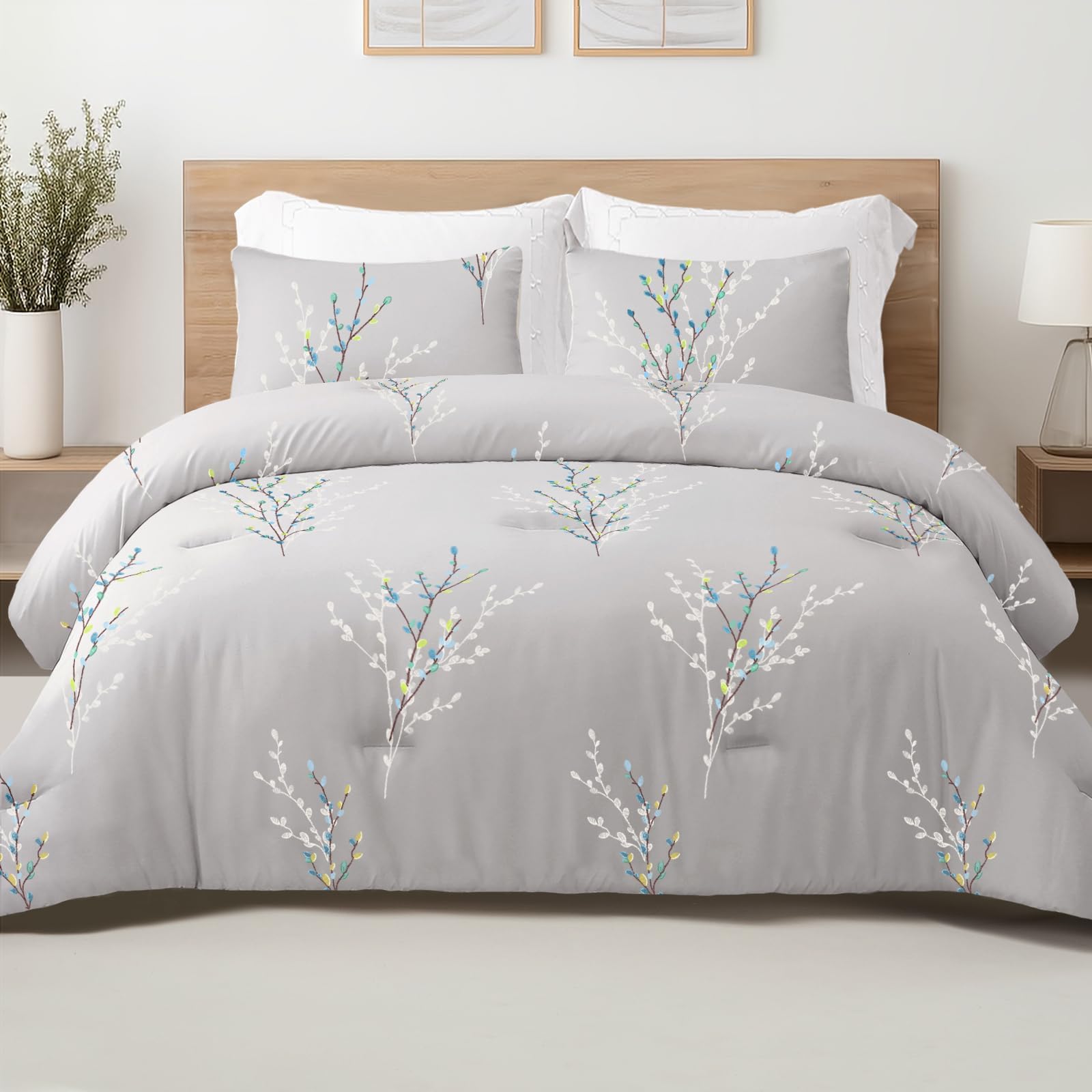 Exclusivo Mezcla Coverless Duvet Set with 2 Pillowcases, 7.5 Tog King Size Reversible Duvet All Seasons with Flower Pattern, Lightweight and Warm, Grey