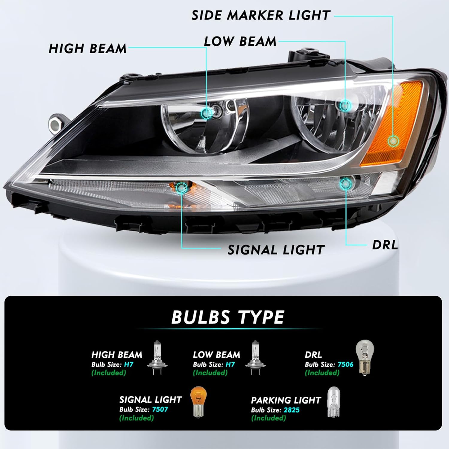 Factory Halogen Headlights Assembly Compatible With 2011-2018 Volkswagen Jetta MK6, 11 12 13 14 15 16 17 18 VW Jetta MK6 Driver Side Headlamp OE Headlight Replacement (All Bulbs Included)