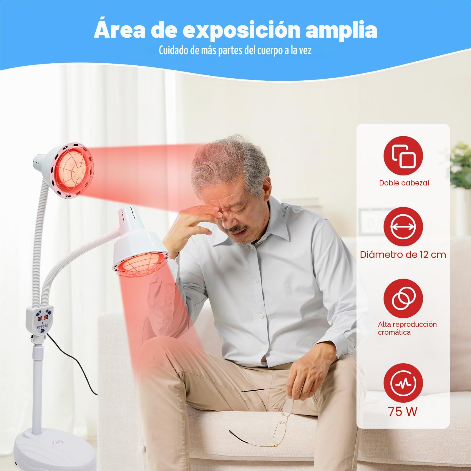 Lámpara de infrarrojo de doble cabeza, 275 W, lámpara de calor y luz, con soporte ajustable y giratorio 360° para mejorar la circulación sanguínea