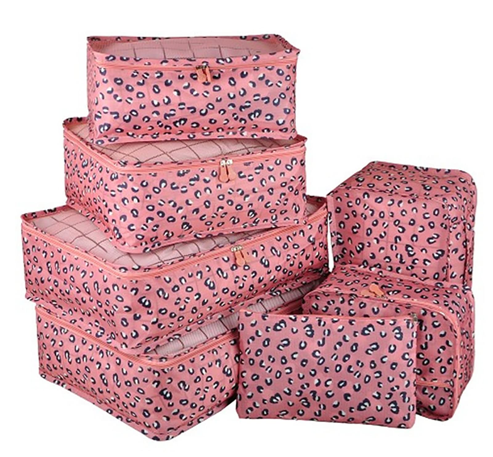 Packwürfel, Reisegepäck-Organizer-Set, Reisewürfel, Kompressionsbeutel-Koffer, Vorteilsset für Reisen und Aufbewahrung zu Hause, rosa Leopardenmuster