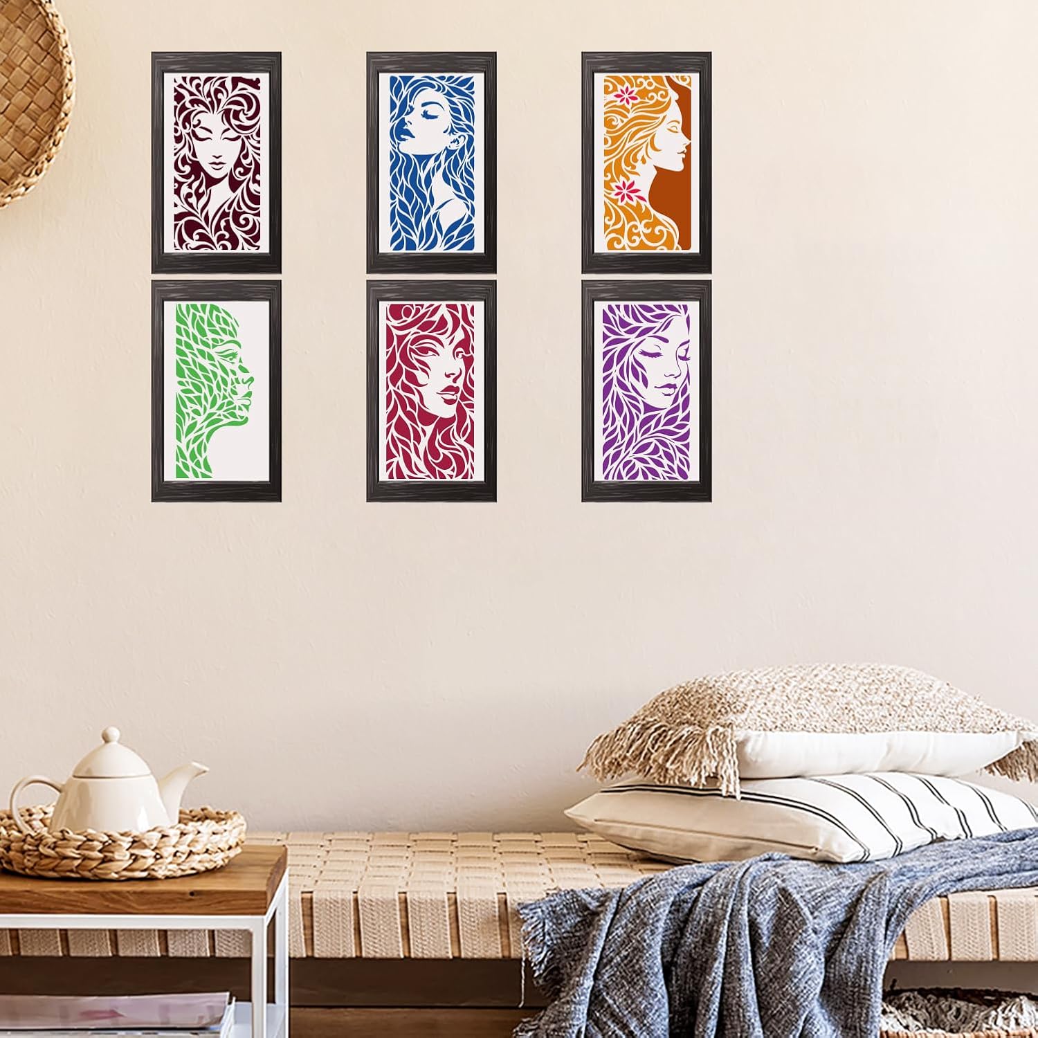 FINGERINSPIRE 6Pcs Woman Face Silhouette Stencil with a Brush 5.9x11.8 inch Elegant Female Faces in Varied Styles Stencil Reusable Women Theme Stencils for Painting on Wood Wall Card Fabric Furniture