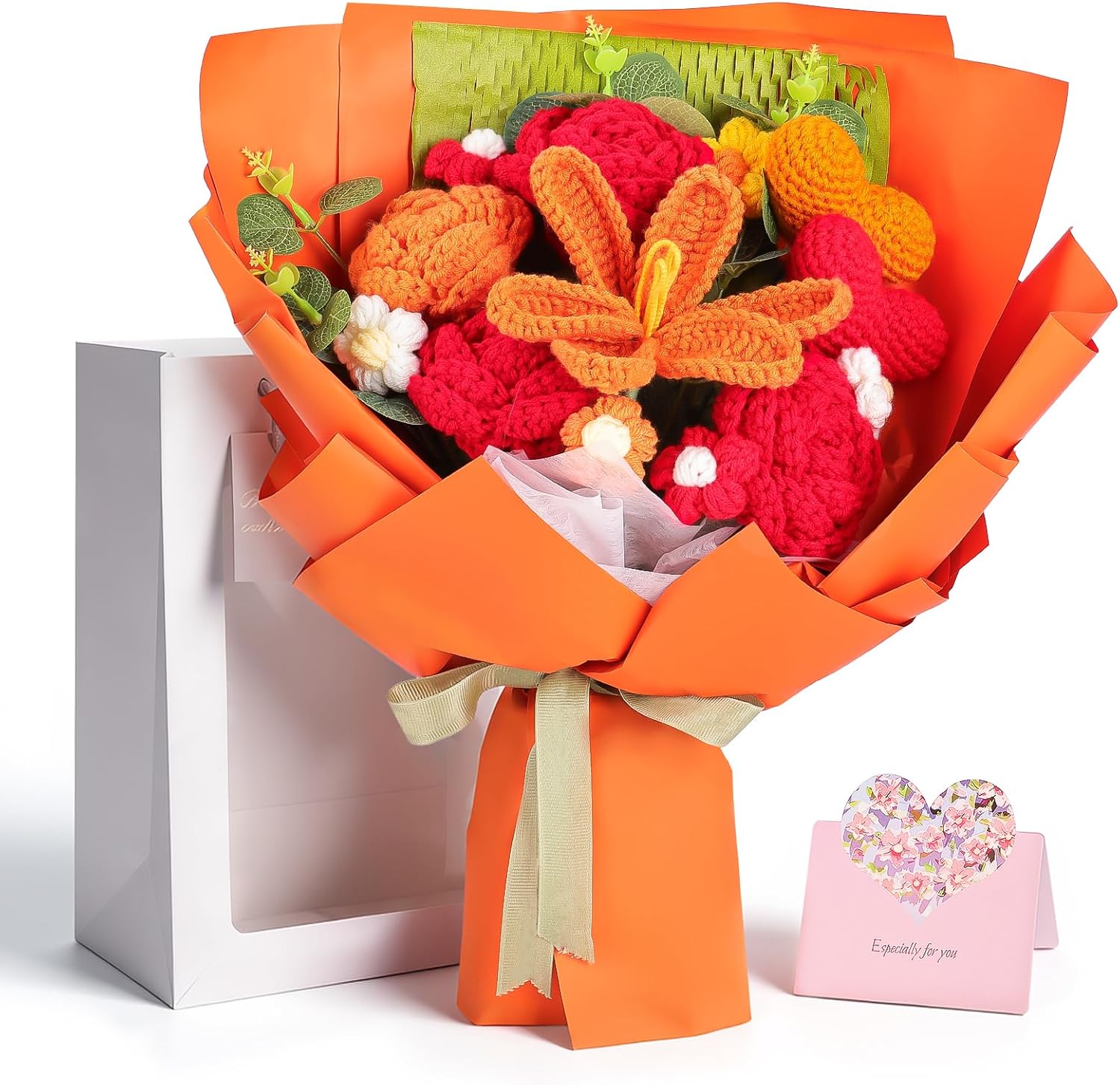 Crochet Flower Bouquet, Knitted Flowers, Pink Crochet Tulip & Roses Bouquet, Gift for Women, Valentine’s Day, Birthday, Anniversary, Mother’s Day, Wedding, Home Decor