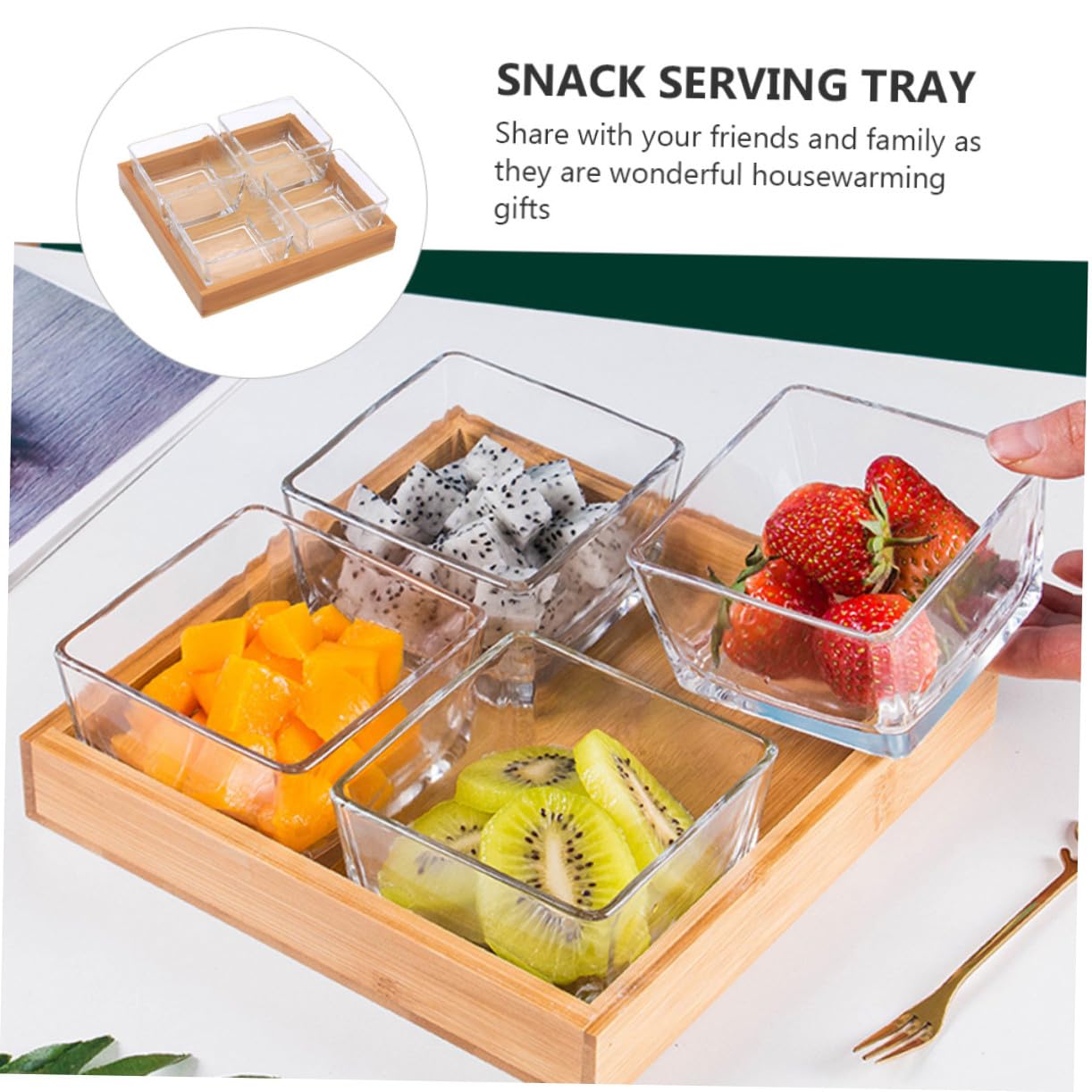 BESTYASH Unterteilter Glas Snackteller mit Holzhalter, 1 Satz | Nüsse und Snacks, Geordnete Fächer, Glas und Holz im Kompakten Format Zufällige Farbe