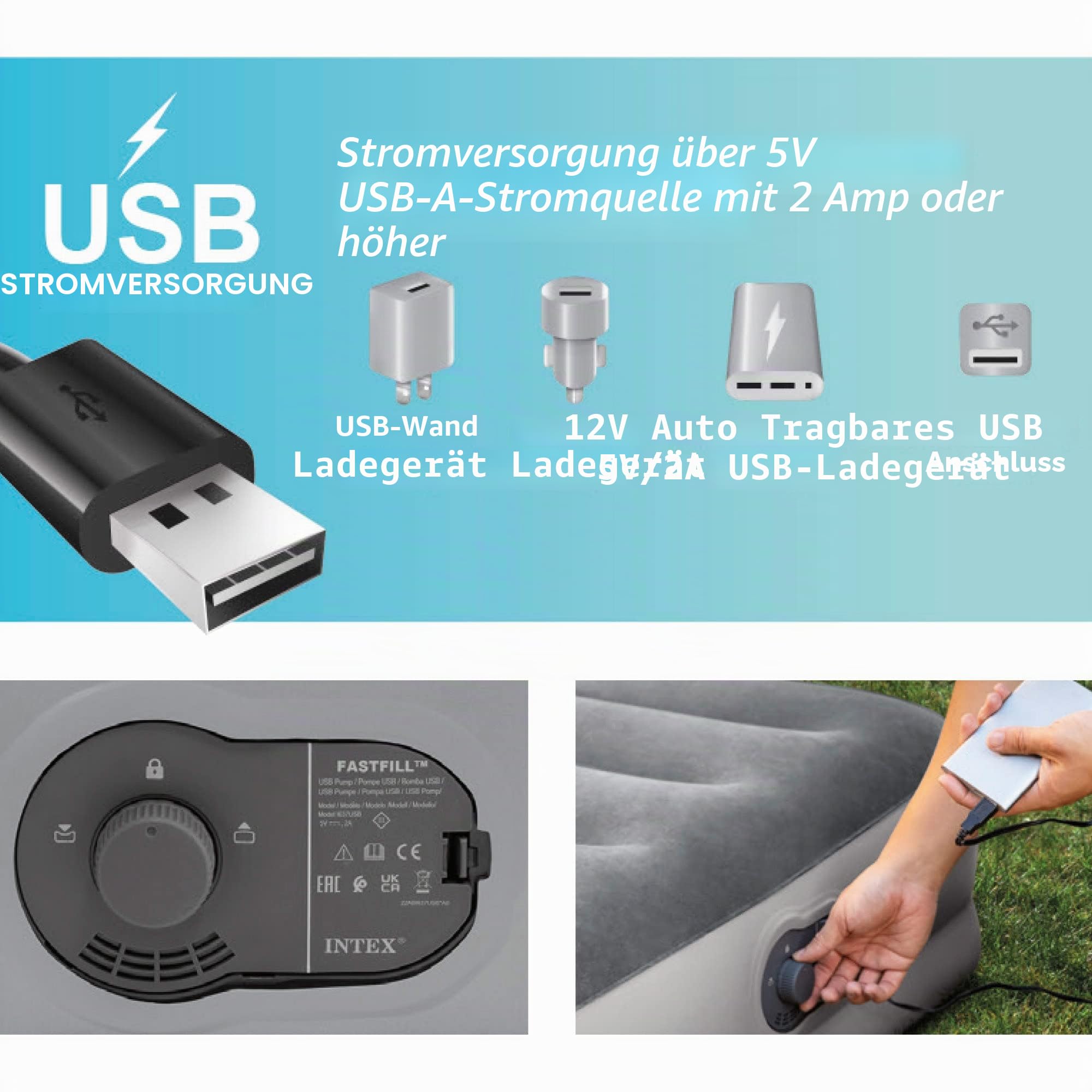 INTEX "Prestige Mid-Rise" Luftbett für 1 Person (152x203x36 cm) max. 272 KG – mit integrierter USB-Pumpe – Gästebett aufblasbares Bett Camping Matratze mit Fiber-Tech (64159)