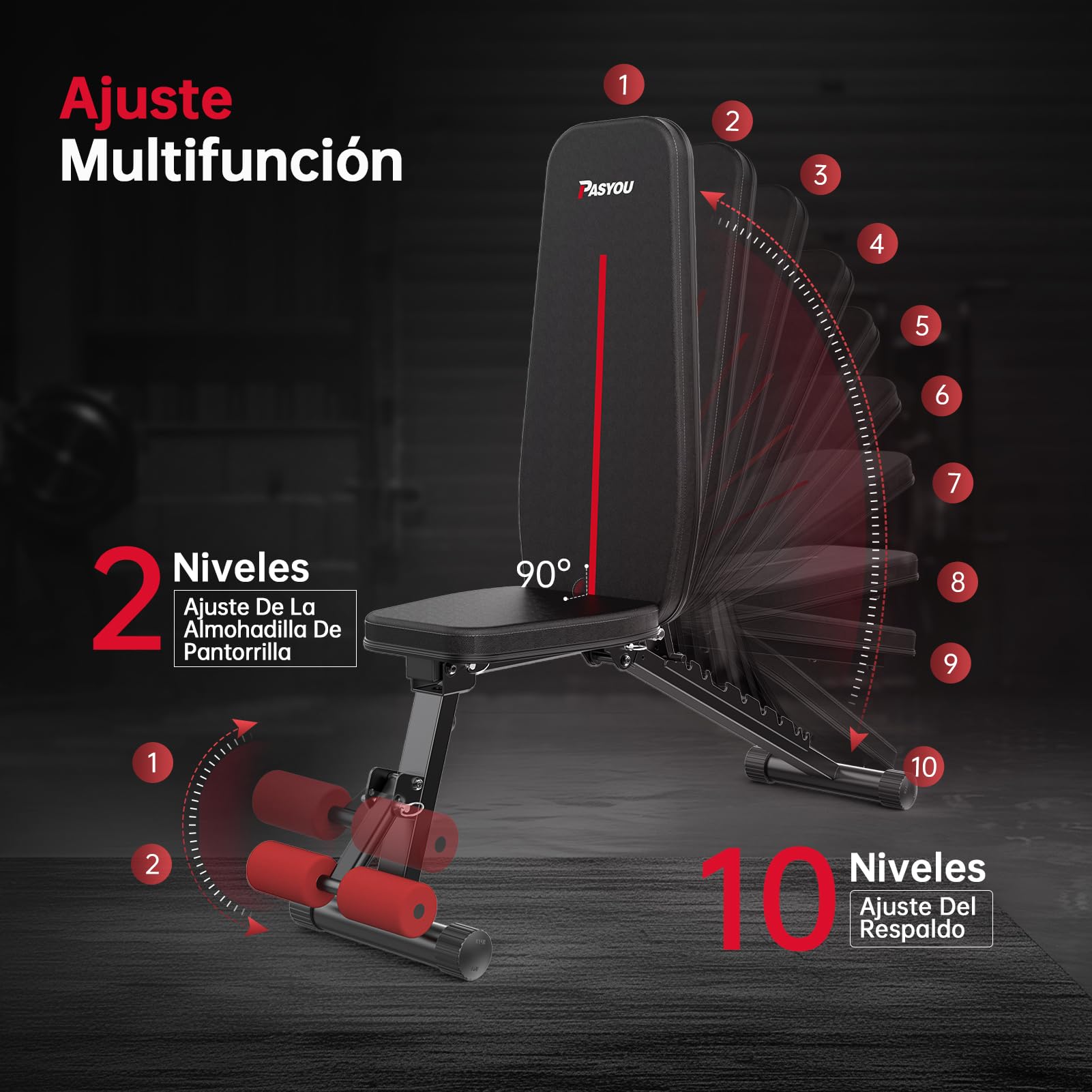 PASYOU Banco Musculación Plegable 10 Posiciones Ajustables 90° Vertical Multifuncional Banco de Pesas para Entrenamiento de Cuerpo Completo Banco Abdominales