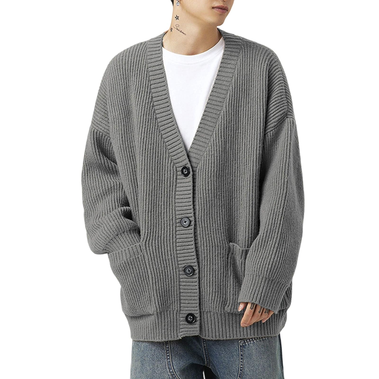 Cardigans Hombre Invierno, Chaqueta Hombre Punto Fino con Cuello Jersey Elástico Manga Larga De Punto con Botones Elegante Y Ajustado Suéter Ligero Y Cárdigan para Exterior El Ocio