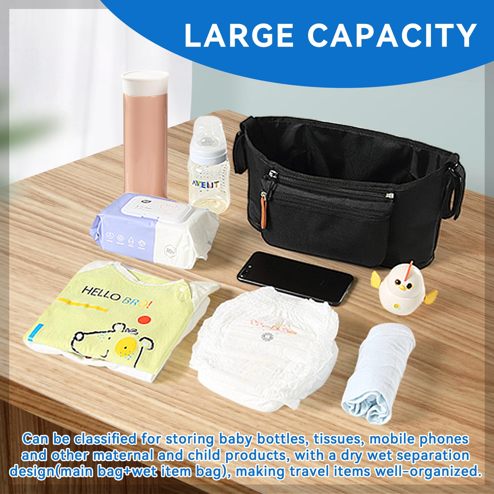 Momcozy Organiseur universel pour poussette - Sac suspendu en forme de U avec porte-gobelet pour poussette - Accessoires de poussette - Grande capacité - Sac de poussette Momcozy - Noir
