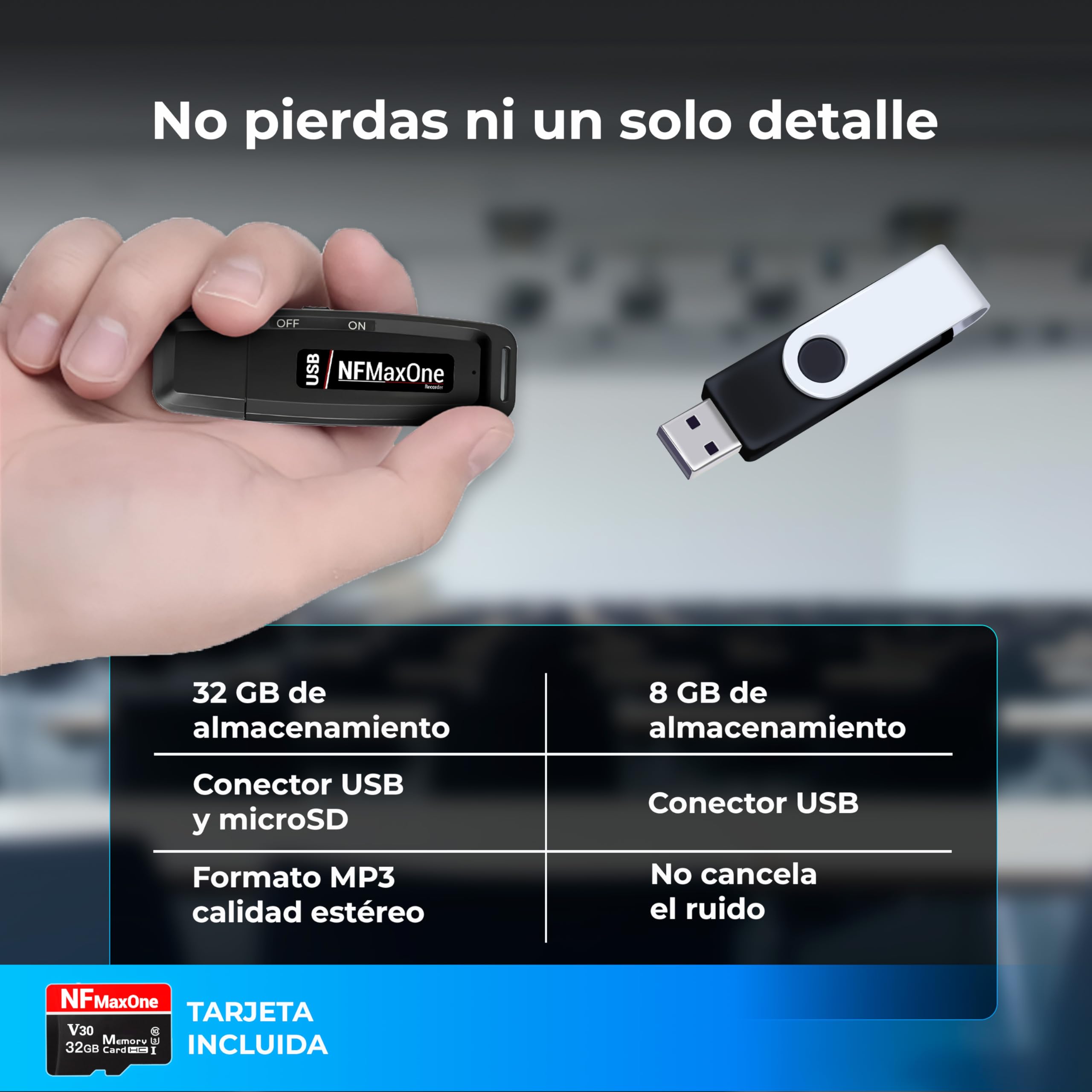 Grabadora de Voz Espia Digital con MicroSD de 32 GB incluida | Mini Grabadora de Audio Ideal para Reuniones, Entrevistas, Clases | Grabadora USB Espia Portatil con hasta 500 Horas Grabación ST