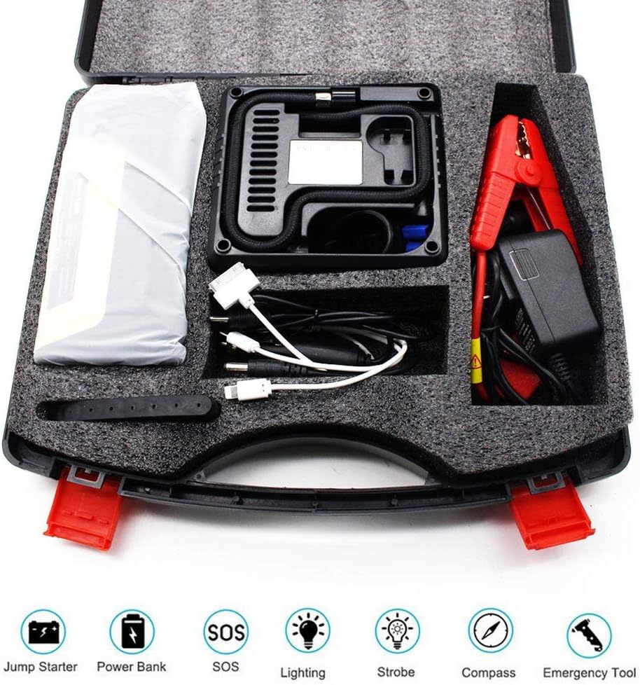 Womdee Car Jump Starter, 12v 50800Mah Portable Battery Maintainer Kit with Alligator/Car Charger/Clips/Cable Mini Air Compressor Auto Battery Booster Power Pack for Cars Truck Suv(8 Pcs)(EU Plug)