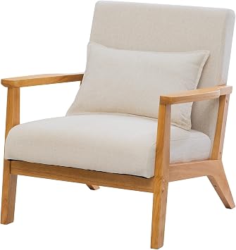 UNICOO - Mid-Century Modern Accent Chair, Fabric Reading Armchair, Easy Assembly, Lounge Chair for Living Room Bedroom U202-1 Nature + Beige