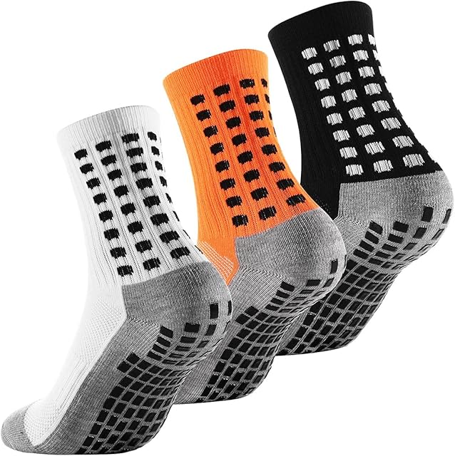 Arnech Anti-slip Sport Socks, Anti Blister Aheletic Socks for Men, Non-slip Rubber Grip Cushion Soccer Sock for Football, Basketball, Runing, Hiking Trekking, Yoga Pilates, 3 Pairs,Black/Whtie/Orange