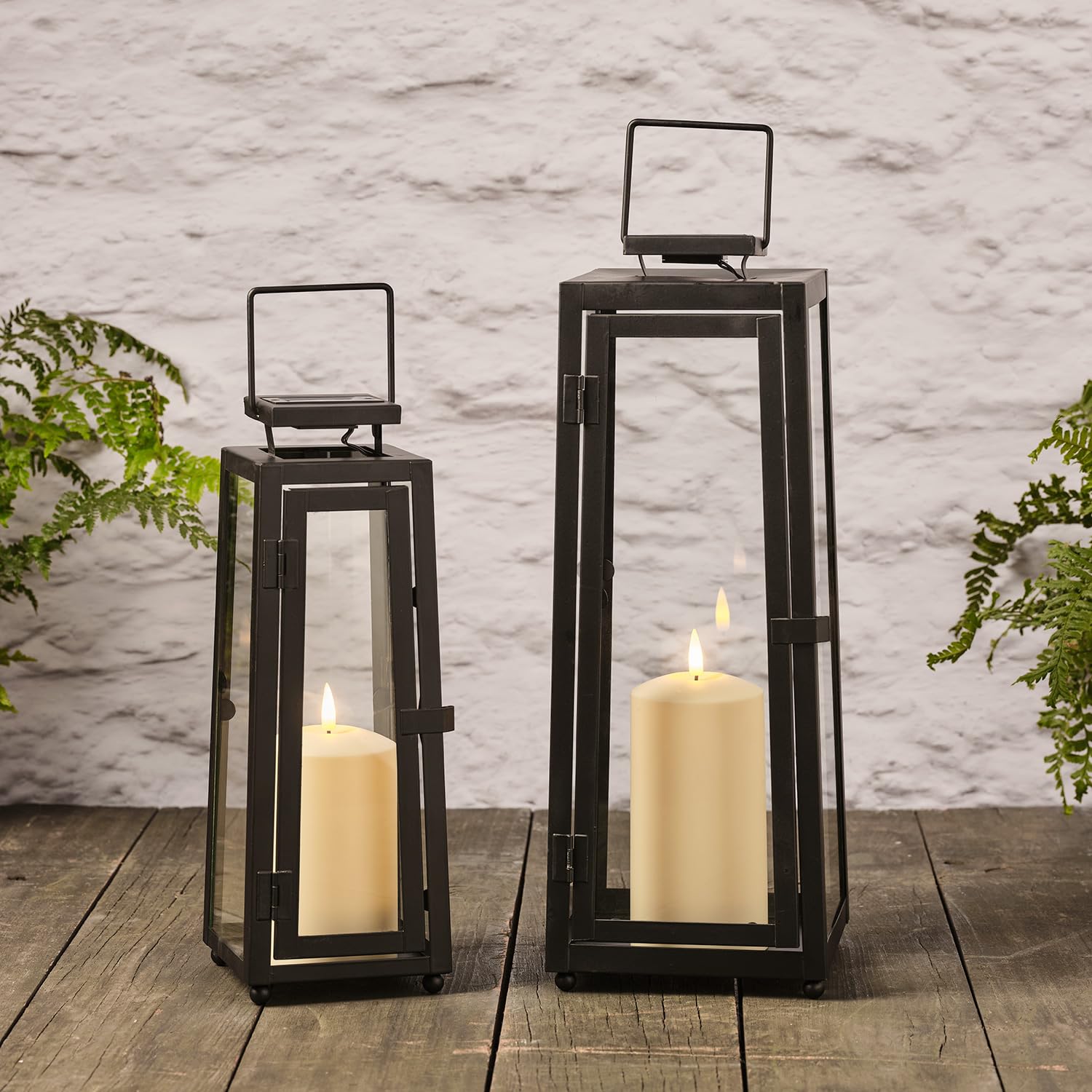Lights4fun Black Set Of 2 Outdoor Garden Solar Powered Metal Decorative Truglow® Led Candle Lanterns 39.5Cm & 29.5 Cm Ip44 Waterproof Garden Patio Decorations