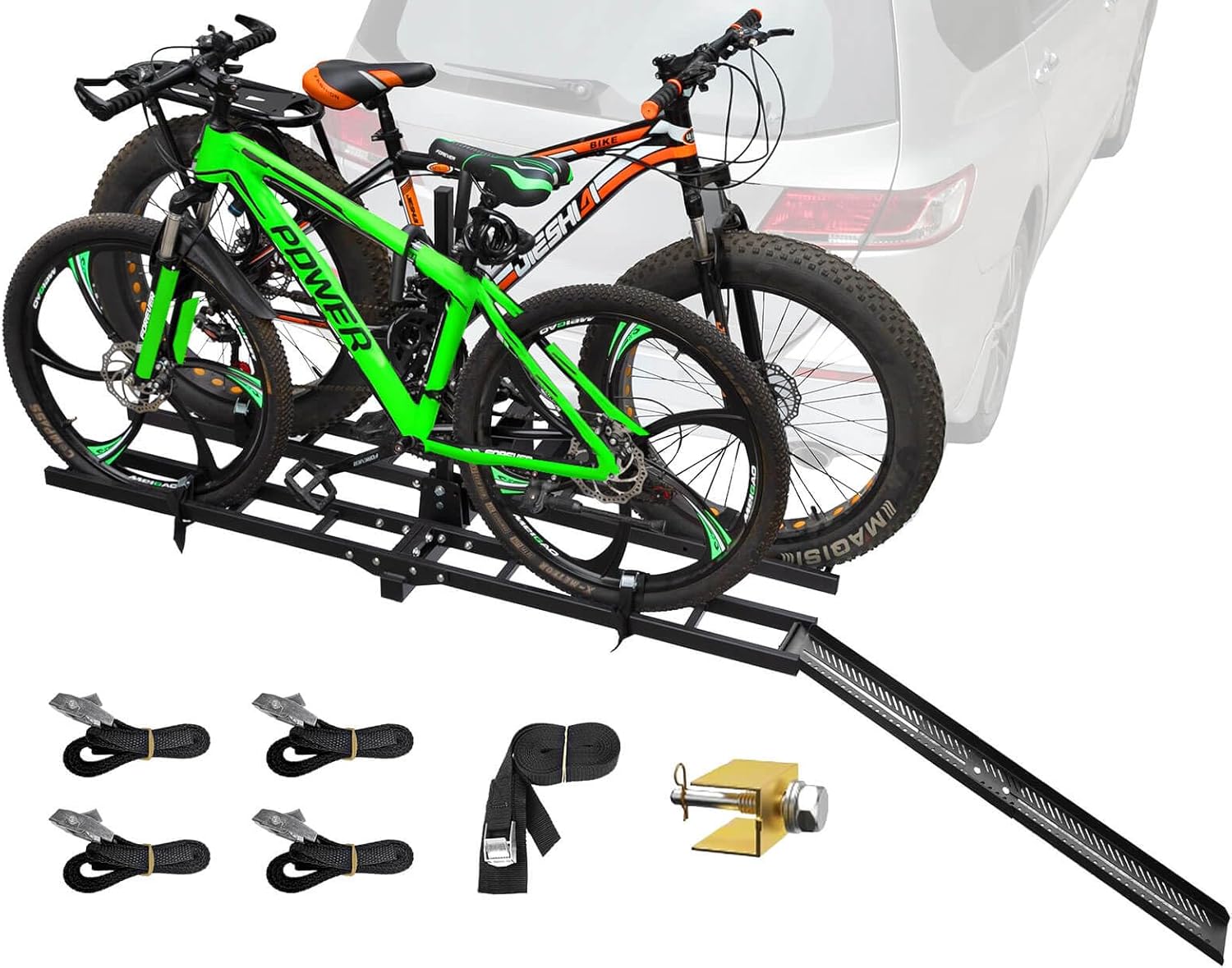 Bike Rack Hitch Mount with Ramp for 2 Bikes - Platform Ebike Rack Fits Fat Tires up to 220 lbs - Foldable & Tilt Electric Bike Rack for SUV, Truck, RV - 2 Inch Receiver