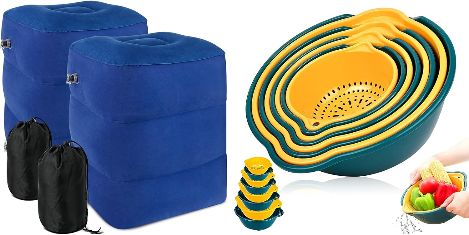 2PK Inflatable Travel Foot Rest Pillow, Toddler & Kids Airplane Bed, Adjustable Height Leg Pillows, 8-pack Colander Strainer Drain Basket Set Plastic Double Layered Stackable Detachable Bowl Strainer