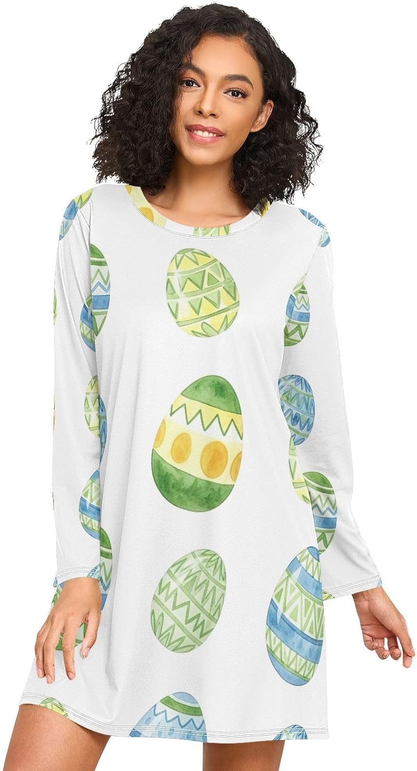 Womens Sleep Shirts, Long Sleeve Womens Nightgown, Loose Pajama Dress for Fall, Blue Green Easter Eggs White