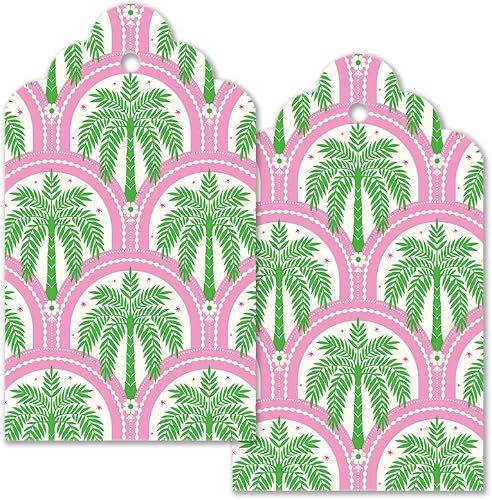 Palm Beach Design Gift Tag Set of 10 | Tropical Palm Print, Pink & Green Design, Scalloped Edge, Decorative Tags, Arch Pattern