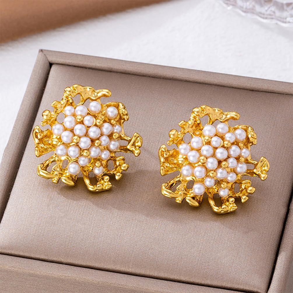 Vintage Beads Pearl Cluster Gold Stud Earrings for Women Unique Exquisite Statement Beaded White Pearls Ball Drop Earring Y2K Prom Party Jewelry Gift - Image 6