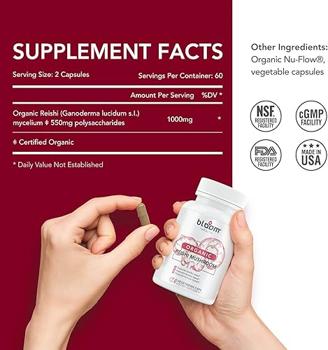 Miniatura 6 de Cápsulas de hongos Reishi, Ganoderma Lucidum orgánico para apoyo inmunológico, salud cardiovascular y energía, sin gluten, sin OMG, apto para
