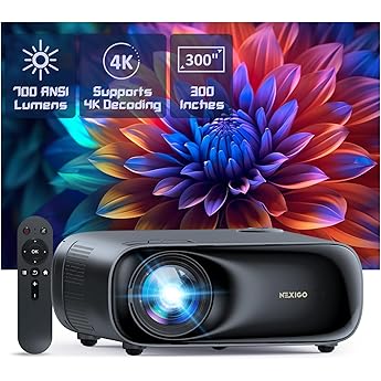 NexiGo PJ40 Projector with WiFi and Bluetooth, Native 1080P, 4K Supported, Projector for Outdoor Movies, 300 Inch, Zoomable, 20W Speakers, Home Theater, Compatible w/TV Stick, iOS, Android (Black)