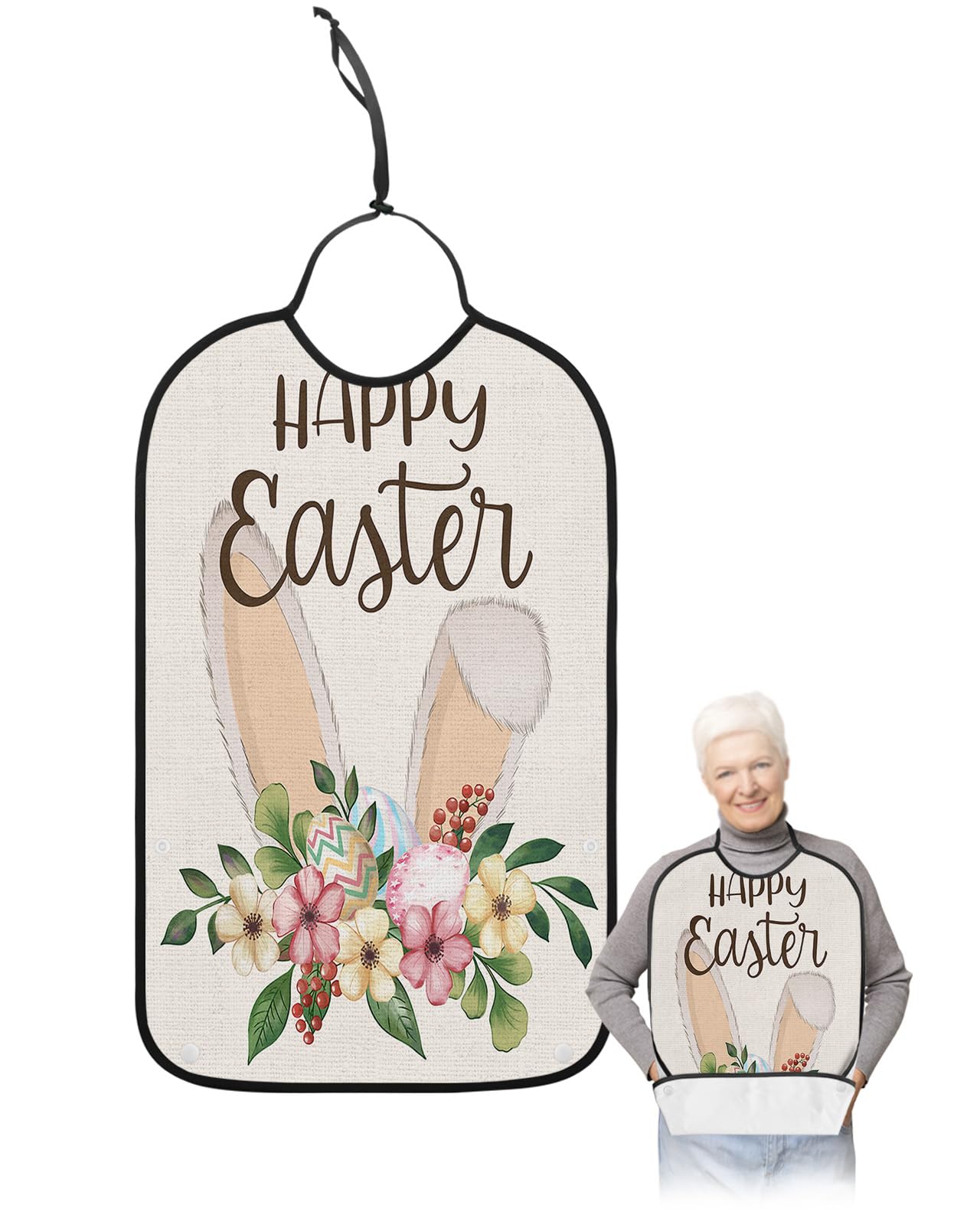 Spring Easter Adult Bibs for Eating, Waterproof Bibs with Food Catcher & Adjustable Snap Closure, Retro Bunny Ears Colorful Eggs Flower Washable Clothing Protectors Adult Bibs for Elderly Women/Men