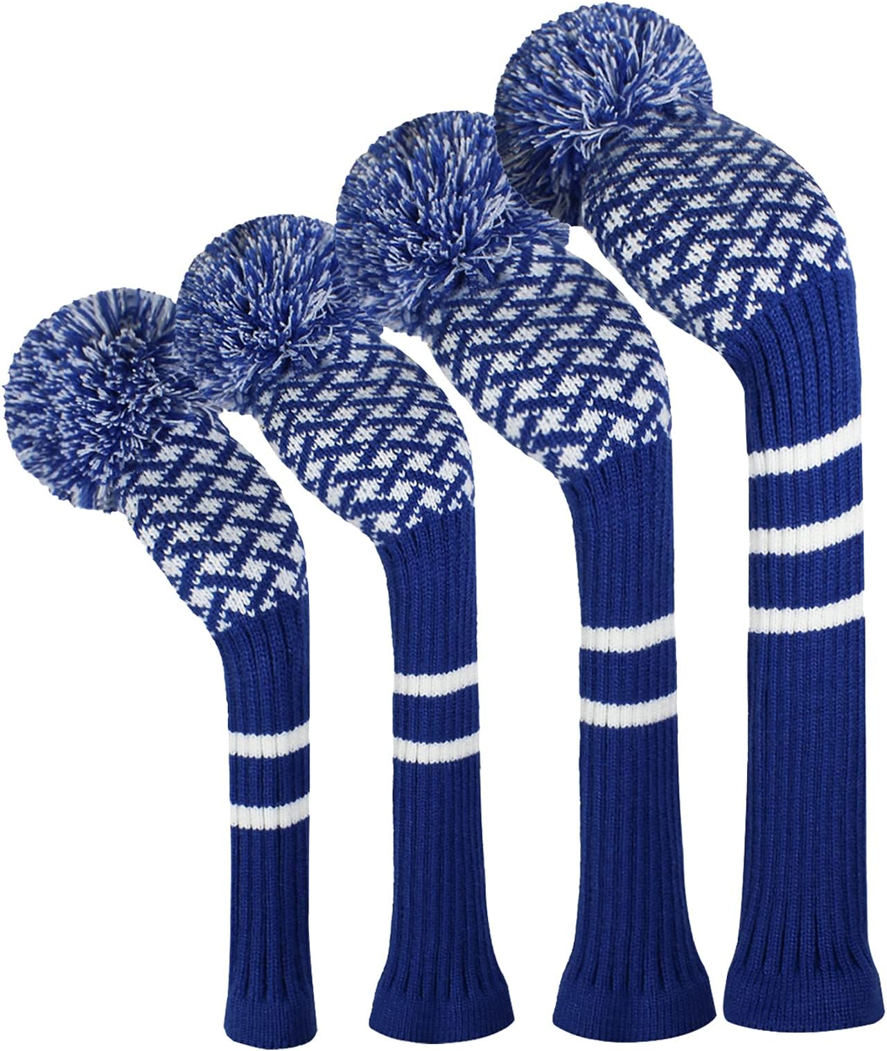 Knitted Golf Head Covers 4PCS Handmade Fit Well for Driver and Fairway Woods with Long Neck Pom Pom Golf Club Headcovers Set (Blue Reticulated)