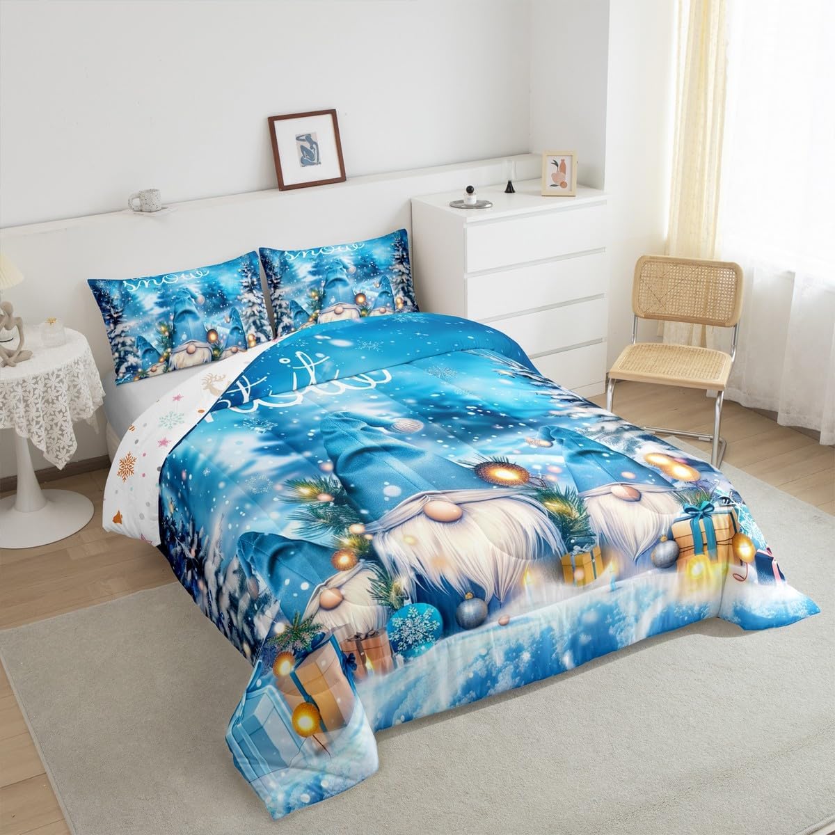 Erosebridal Christmas Bed Comforter Set Kawaii Gnome Pattern Bedding Set Winter Snow Painted Comforter Christmas Tree Snowflake Comforter Set Decor for Children (Queen, Blue)
