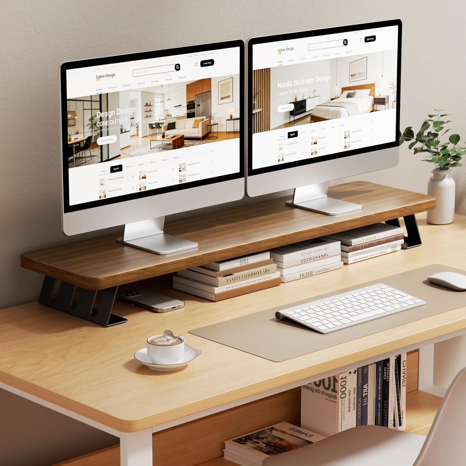 Dual Monitor Stand, 39 Inch Large Wood Monitor Stands for 2 Monitors