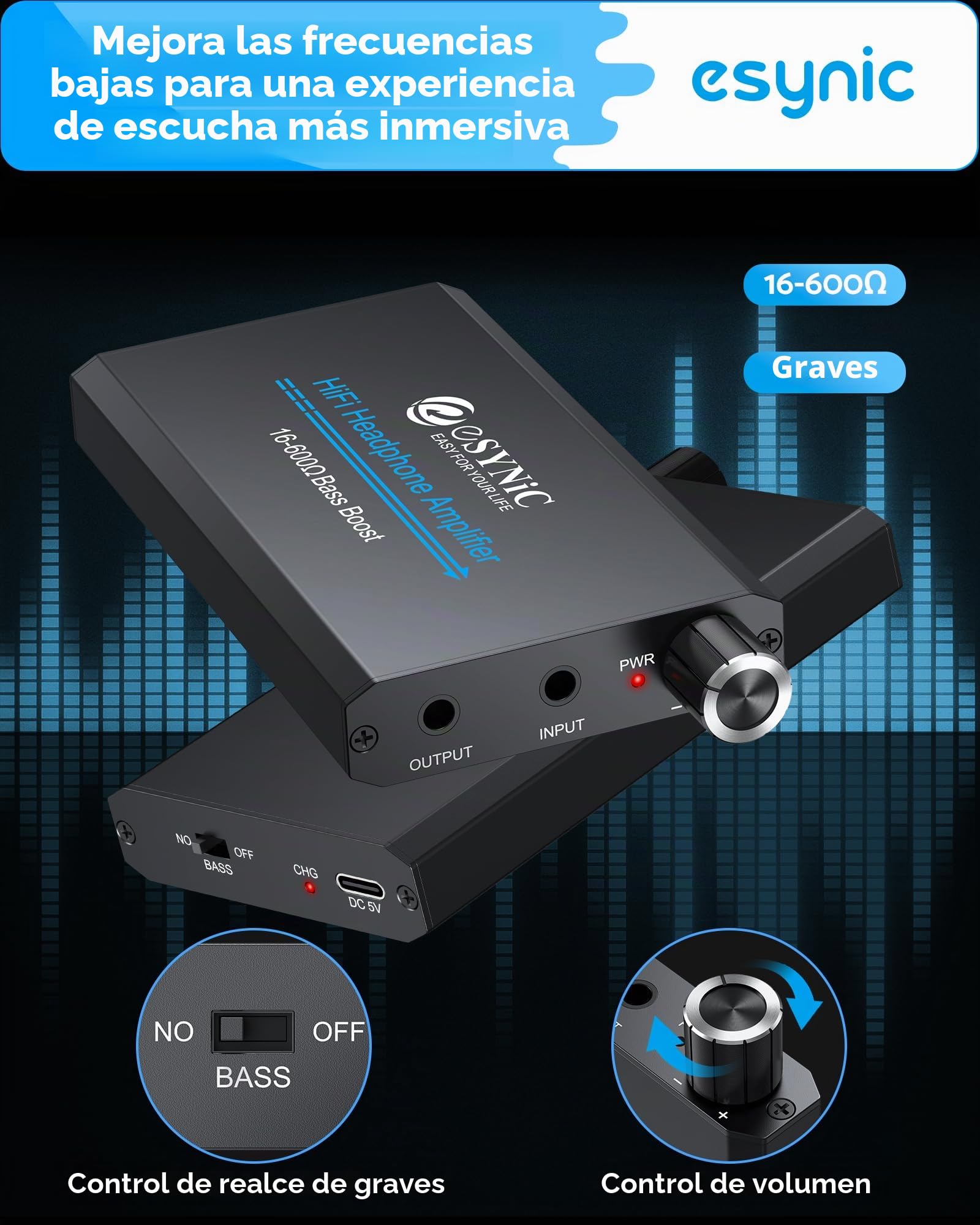 eSynic Amplificador de Auriculares Profesional 16-600Ω con Ganancia de Graves - Amp Portátil de 3,5 mm y Recargable, Superficie de Aluminio Mate, para Móviles, PC, MP3, MP4, etc.
